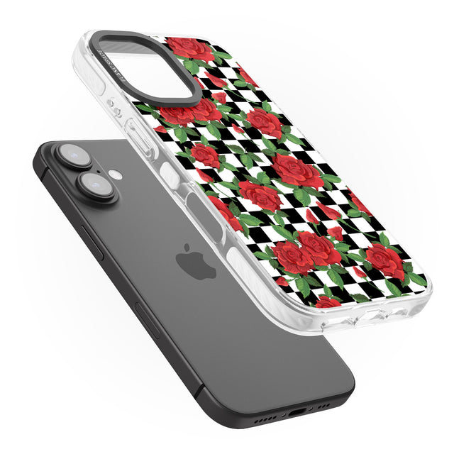 iPhone 16 Pro Max Checkered Pattern & Red Roses Black Impact Phone Case