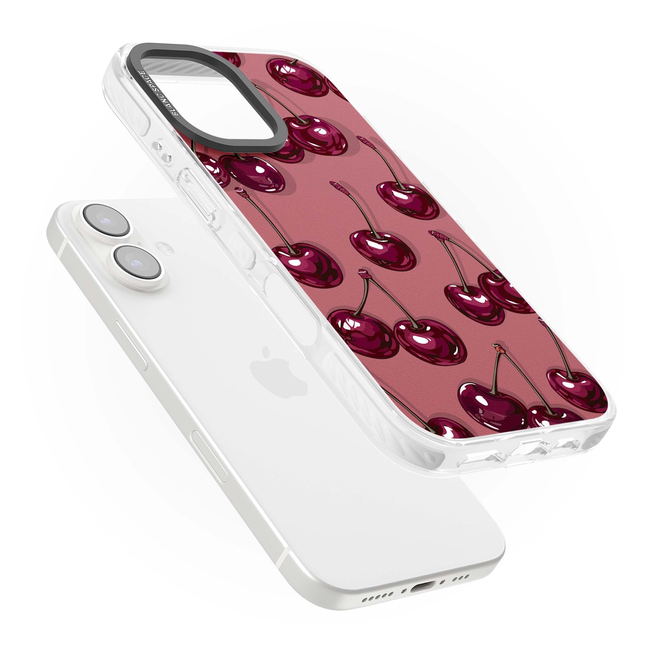 Cherry Rebel coquette iPhone case featuring glossy burgundy cherries on a dusty rose background | Impact Magsafe case for iPhone 16, iPhone 16 Plus
