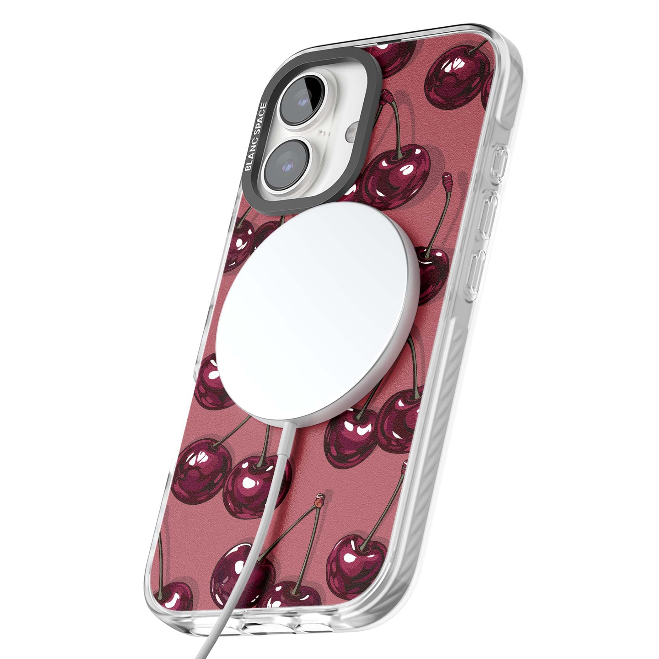 Cherry Rebel coquette iPhone case featuring glossy burgundy cherries on a dusty rose background | Impact Magsafe case for iPhone 16, iPhone 16 Plus