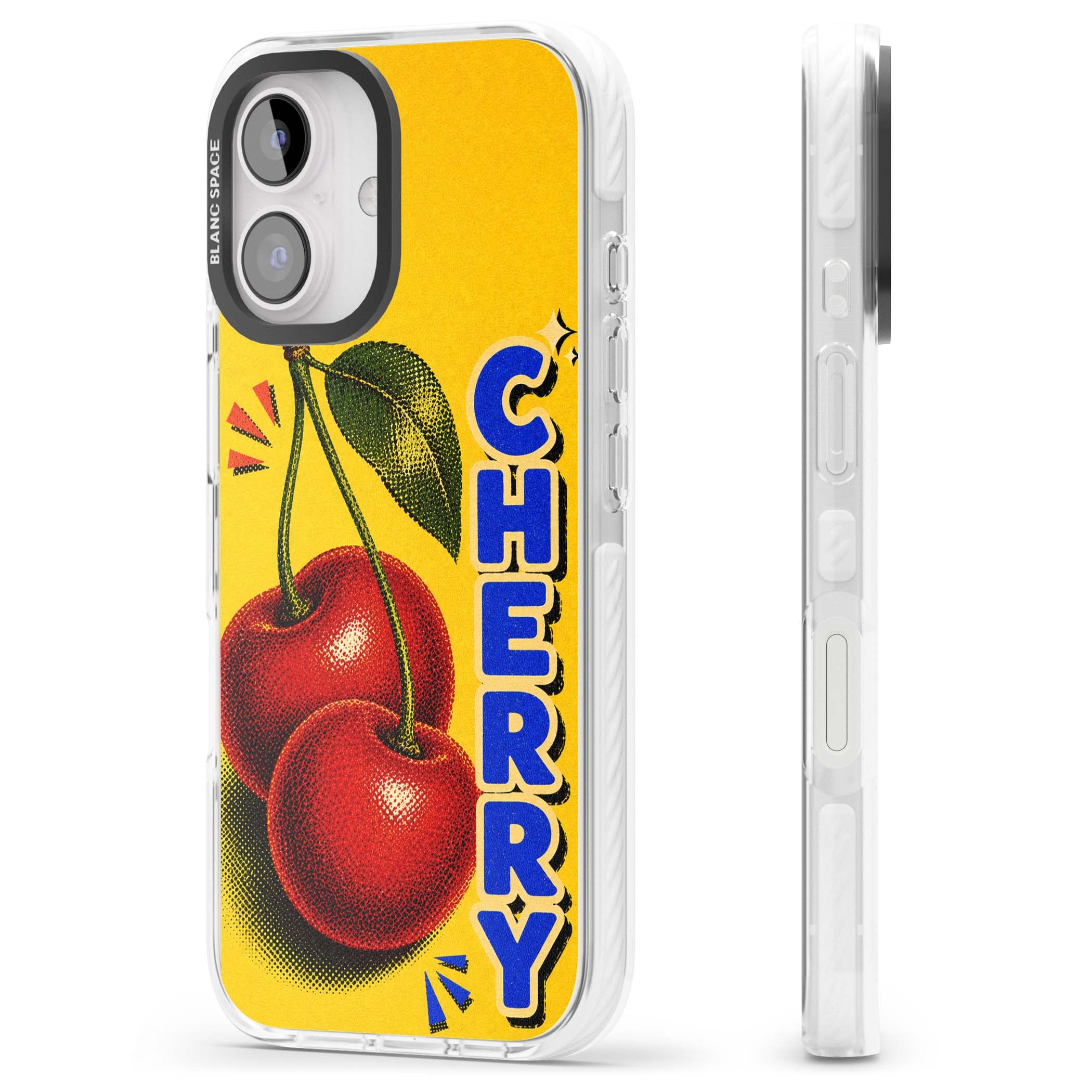 Cherry Yellow y2k iPhone case featuring two red cherries, halftone shading and bold blue CHERRY lettering on yellow | Impact Magsafe case for iPhone 16, iPhone 16 Plus
