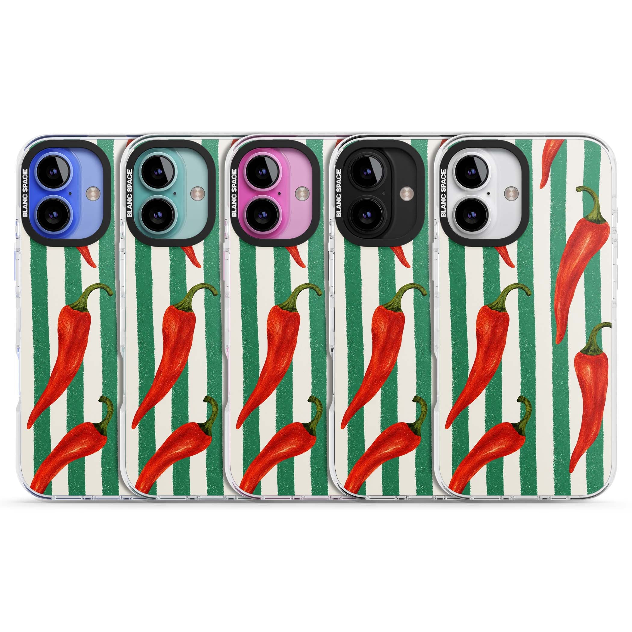 Striped Chillis coastal iPhone case featuring hand-painted red chili peppers on green and cream stripes | Impact Magsafe case for iPhone 16, iPhone 16 Plus