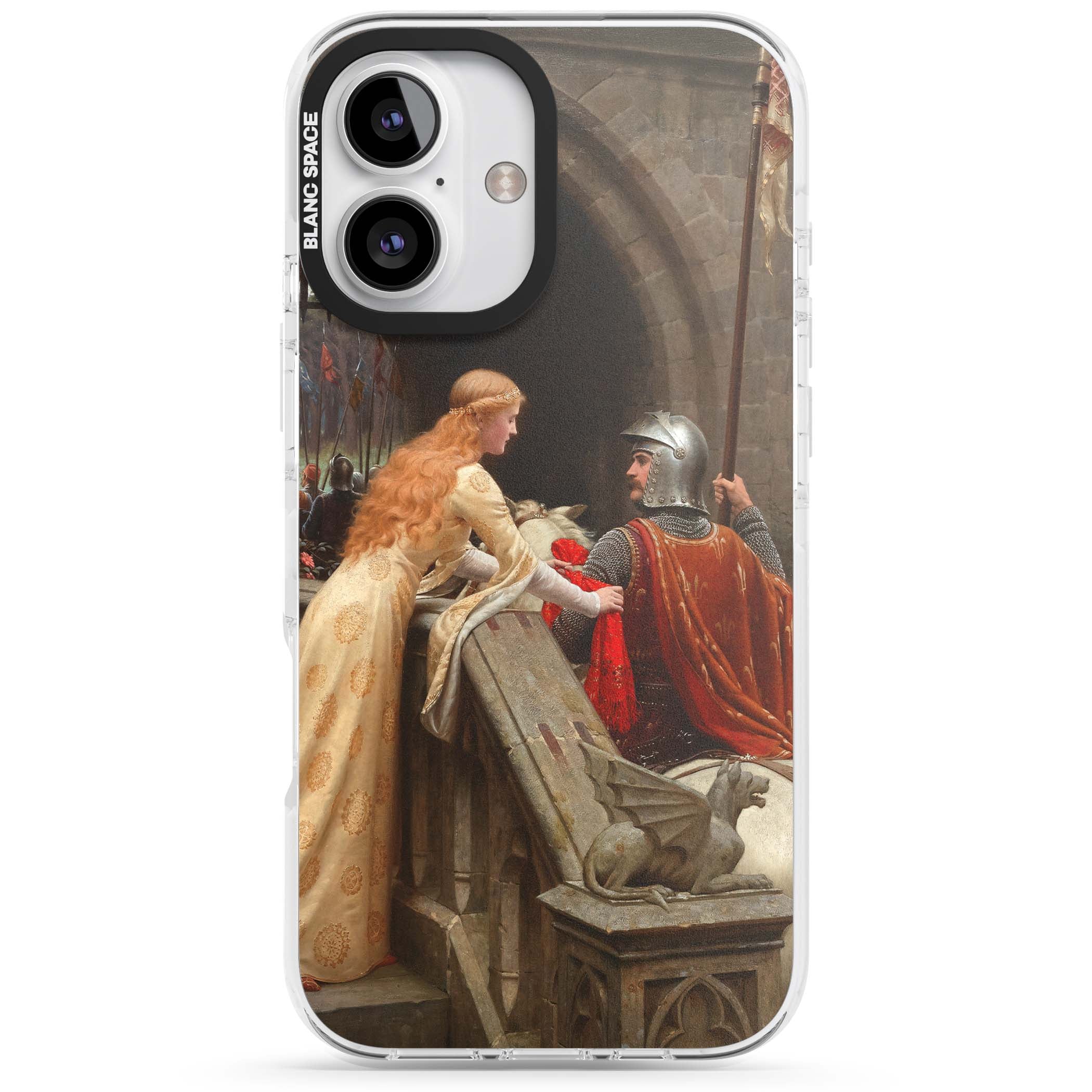 God Speed fine art iPhone case featuring Edmund Blair Leighton's medieval knight and lady beneath a stone archway | Impact Magsafe case for iPhone 16, iPhone 16 Plus