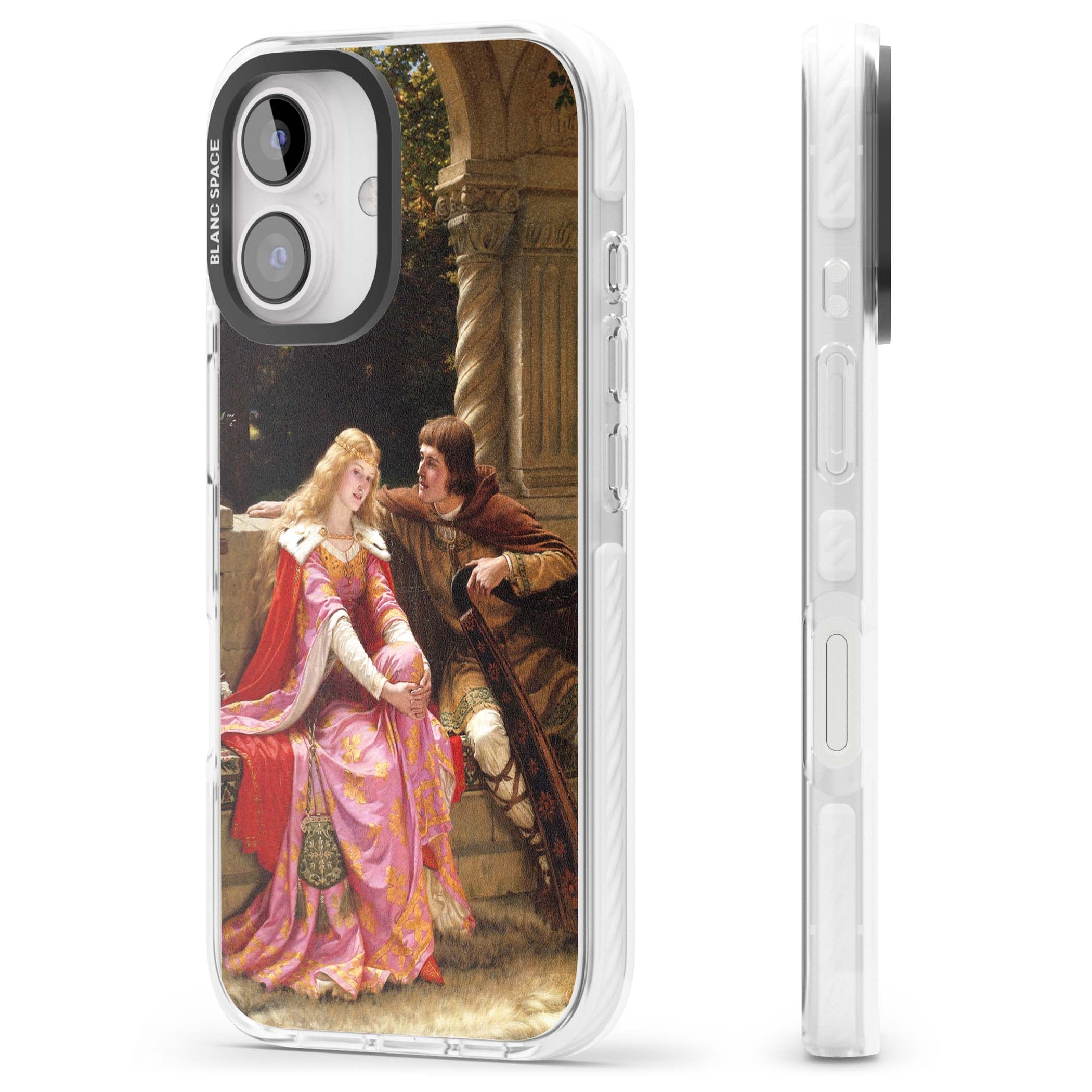 The End of the Song classic art iPhone case featuring a medieval lady in pink gown and her knight in a stone archway | Impact Magsafe case for iPhone 16, iPhone 16 Plus