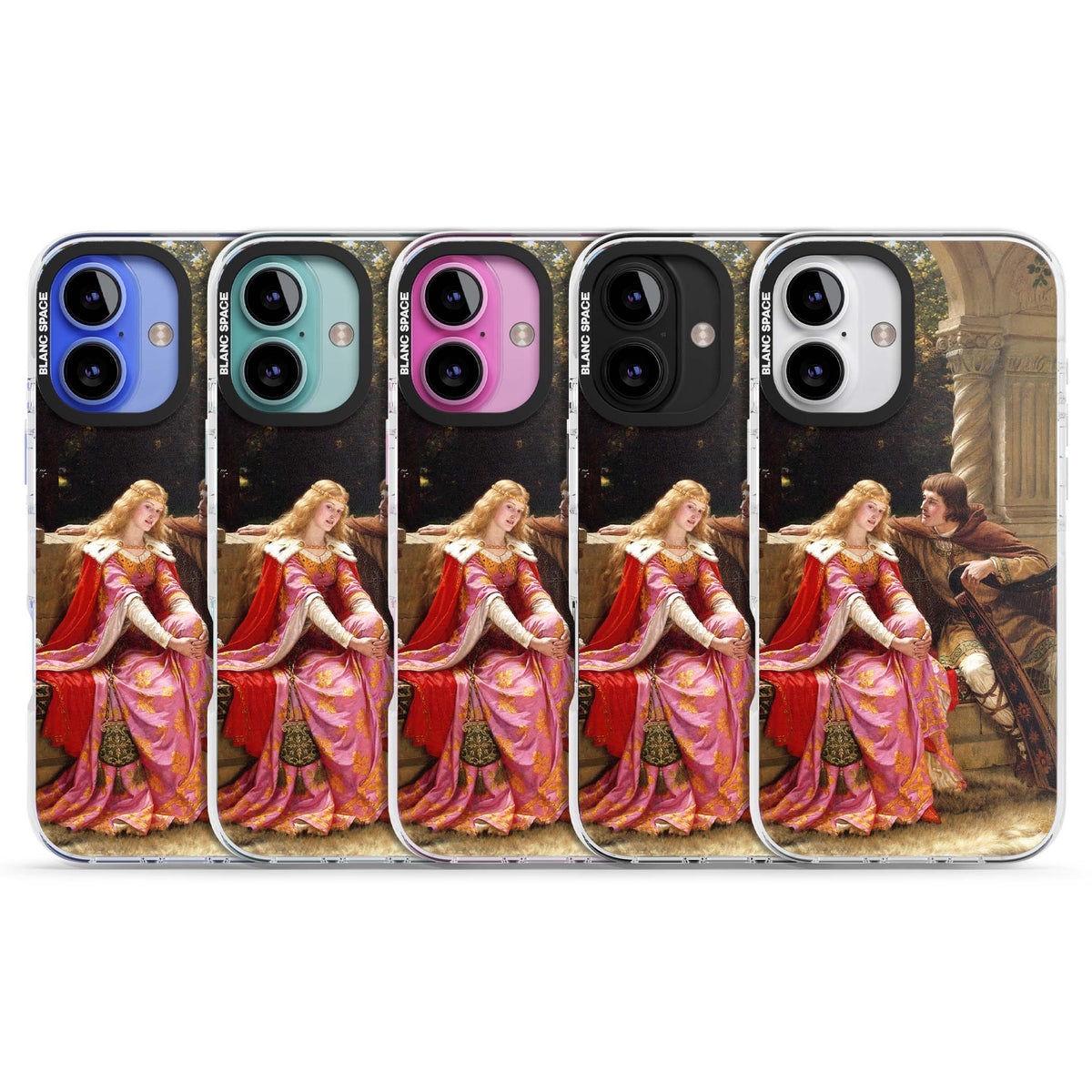 The End of the Song classic art iPhone case featuring a medieval lady in pink gown and her knight in a stone archway | Impact Magsafe case for iPhone 16, iPhone 16 Plus