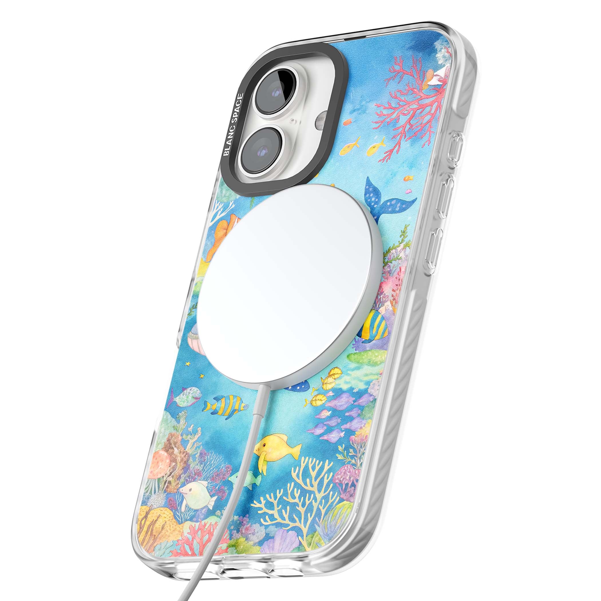 Coral Lagoon ocean iPhone case featuring a watercolour whale, coral reef and tropical fish | Impact Magsafe case for iPhone 16, iPhone 16 Plus
