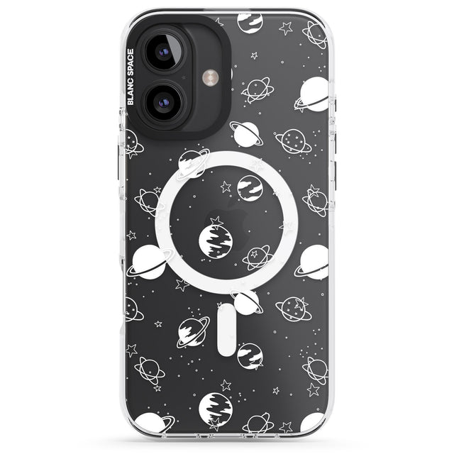 iPhone 16 Pro Max White Planets on Clear Black Impact Phone Case