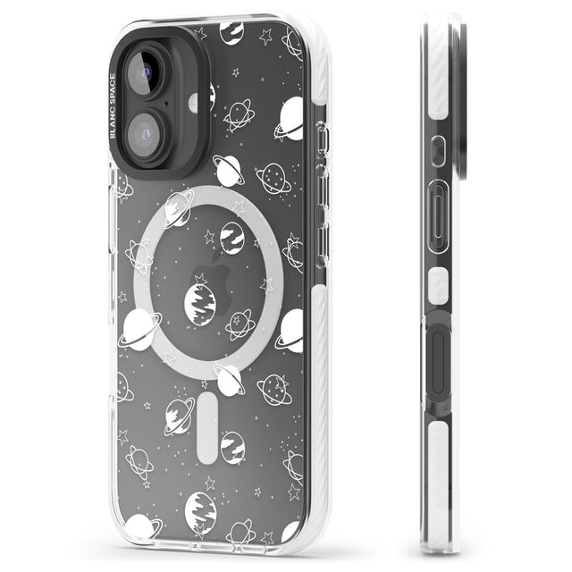 iPhone 16 Pro Max White Planets on Clear Black Impact Phone Case