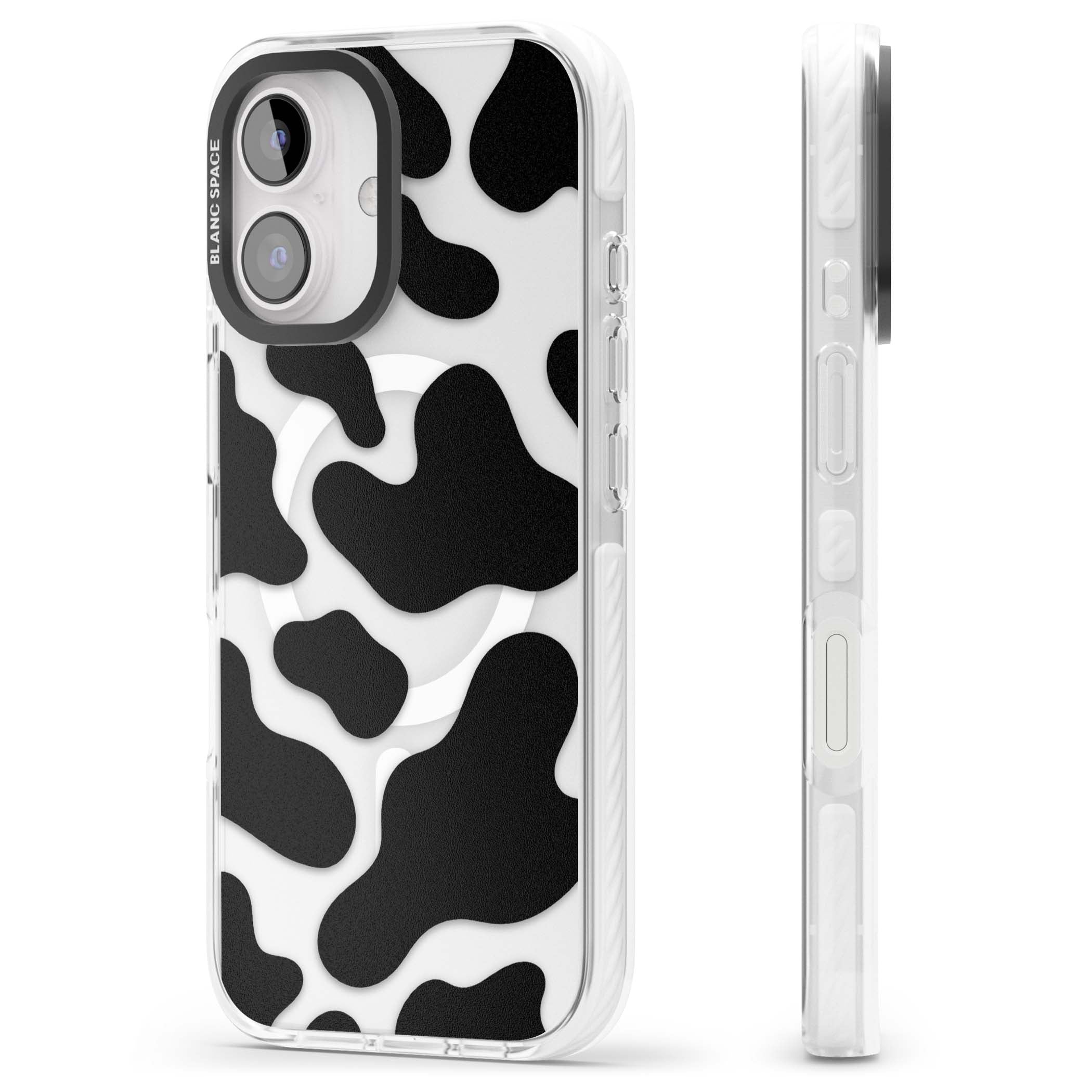 Clear Cow Print cow print iPhone case featuring black and white cow pattern splotches on a clear background | Impact Magsafe case for iPhone 16, iPhone 16 Plus