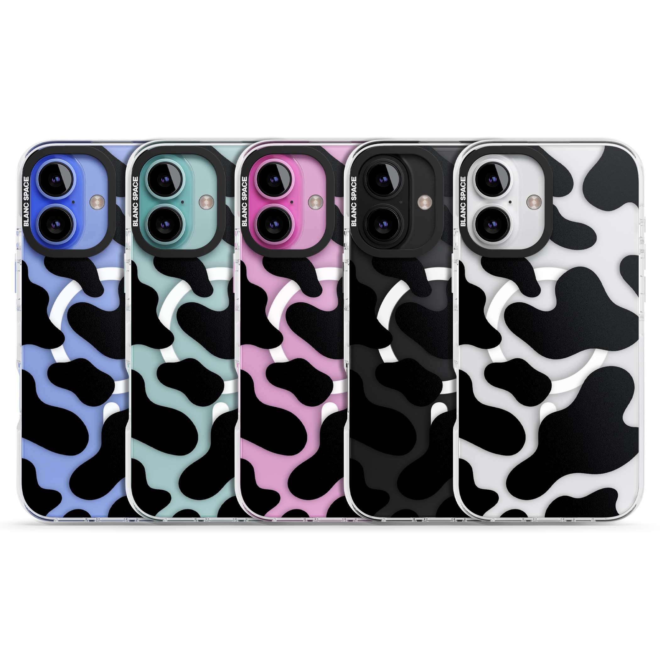 Clear Cow Print cow print iPhone case featuring black and white cow pattern splotches on a clear background | Impact Magsafe case for iPhone 16, iPhone 16 Plus