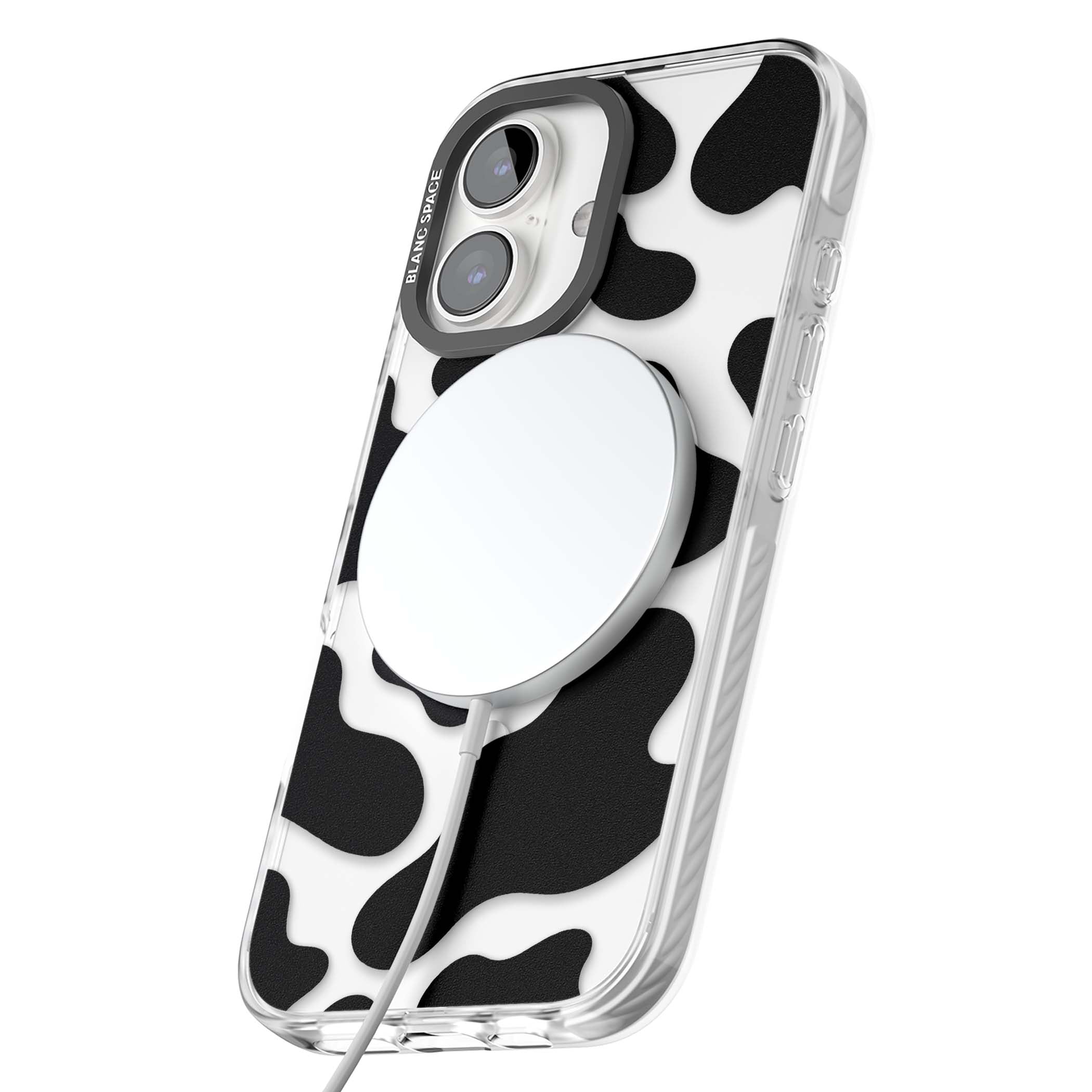 Clear Cow Print cow print iPhone case featuring black and white cow pattern splotches on a clear background | Impact Magsafe case for iPhone 16, iPhone 16 Plus
