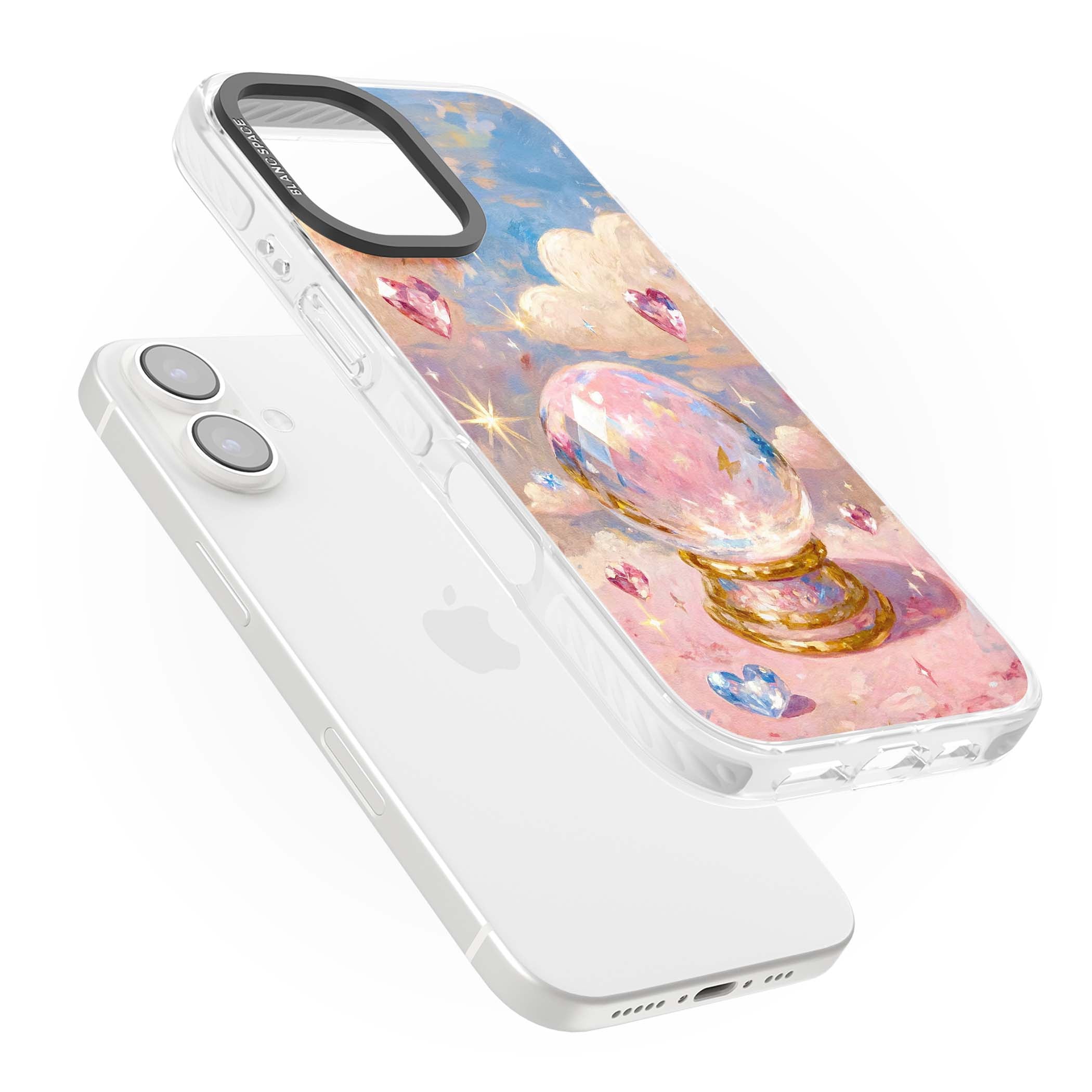 Crystal Ball fairycore iPhone case featuring a painted crystal ball, heart gemstones, and pastel clouds | Impact Magsafe case for iPhone 16, iPhone 16 Plus