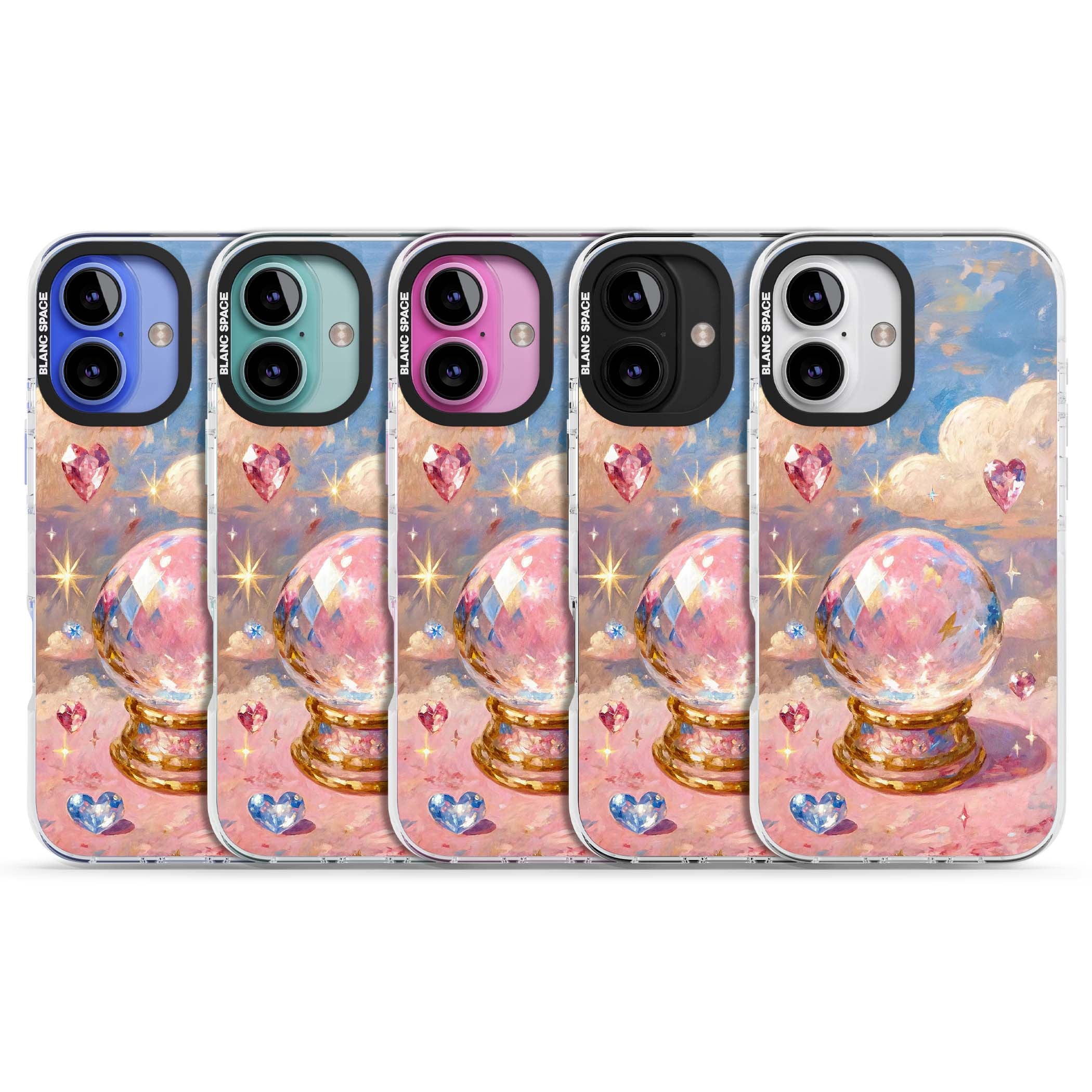 Crystal Ball fairycore iPhone case featuring a painted crystal ball, heart gemstones, and pastel clouds | Impact Magsafe case for iPhone 16, iPhone 16 Plus