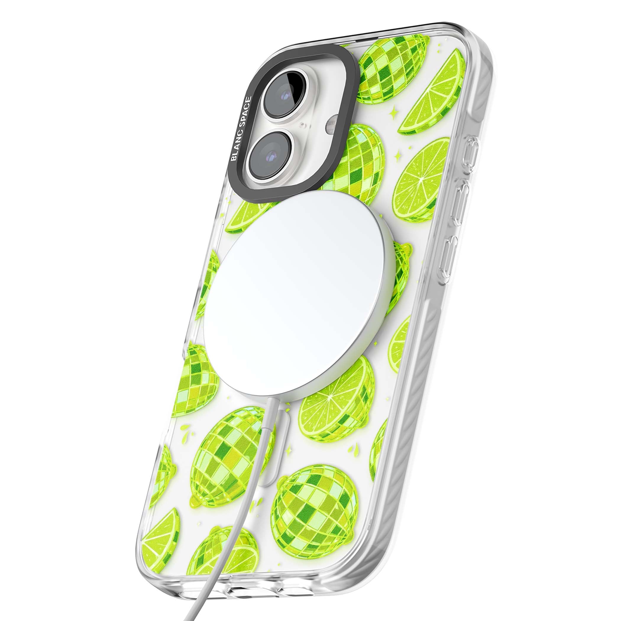 Disco Limes fruit aesthetic iPhone case featuring green disco balls, lime slices and citrus sparkles | Impact Magsafe case for iPhone 16, iPhone 16 Plus