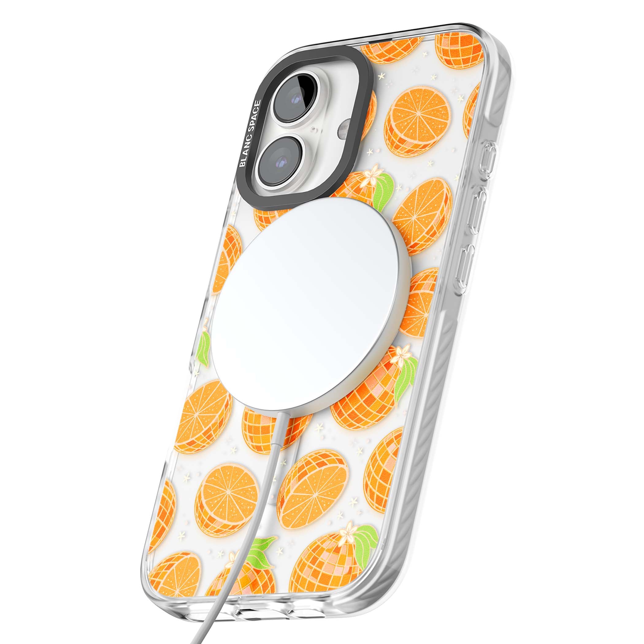 Disco Oranges retro iPhone case featuring mirrorball oranges, citrus slices and tiny blossoms on clear | Impact Magsafe case for iPhone 16, iPhone 16 Plus