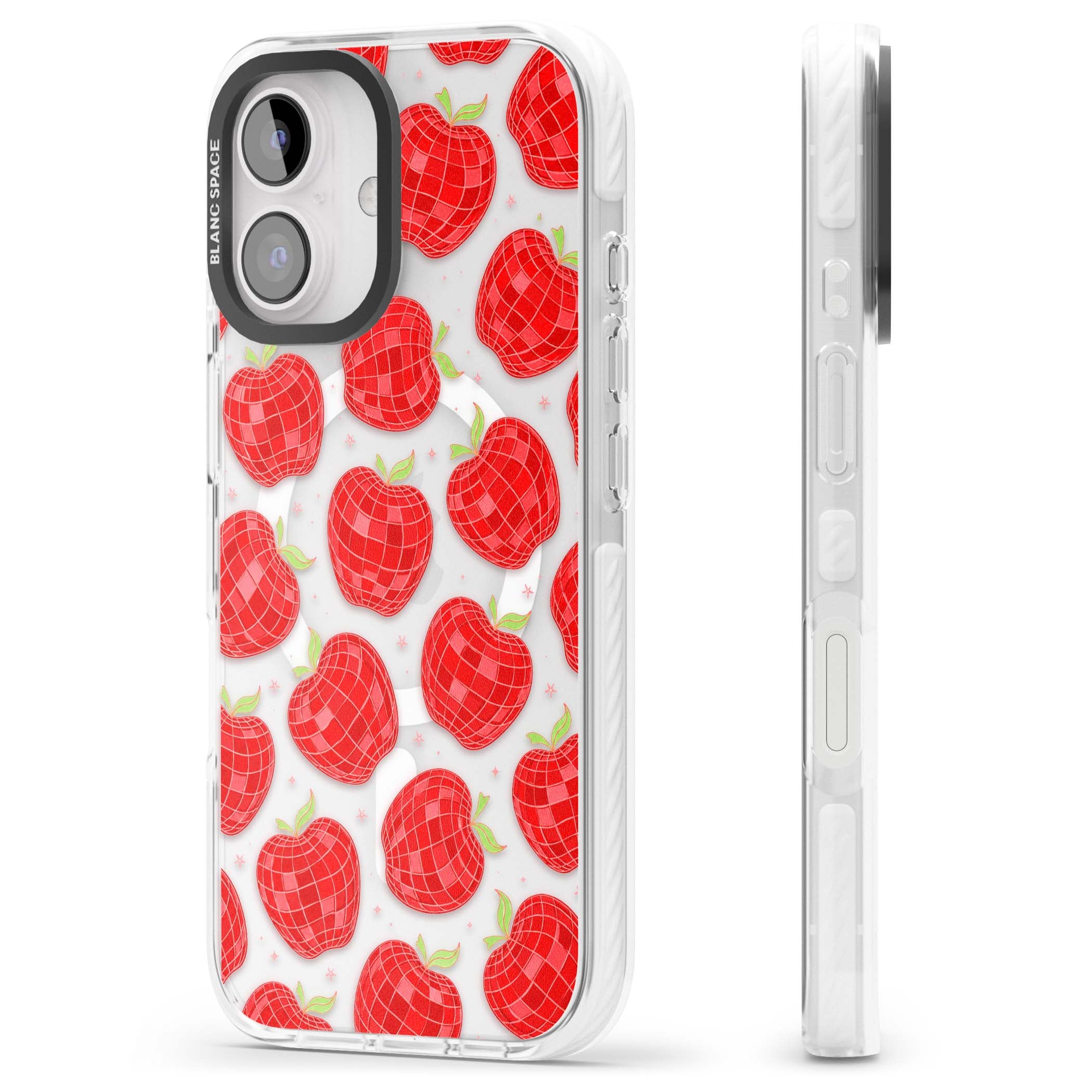 Disco Apples Y2K iPhone case featuring red disco ball apples, green leaves and pink sparkles on clear | Impact Magsafe case for iPhone 16, iPhone 16 Plus