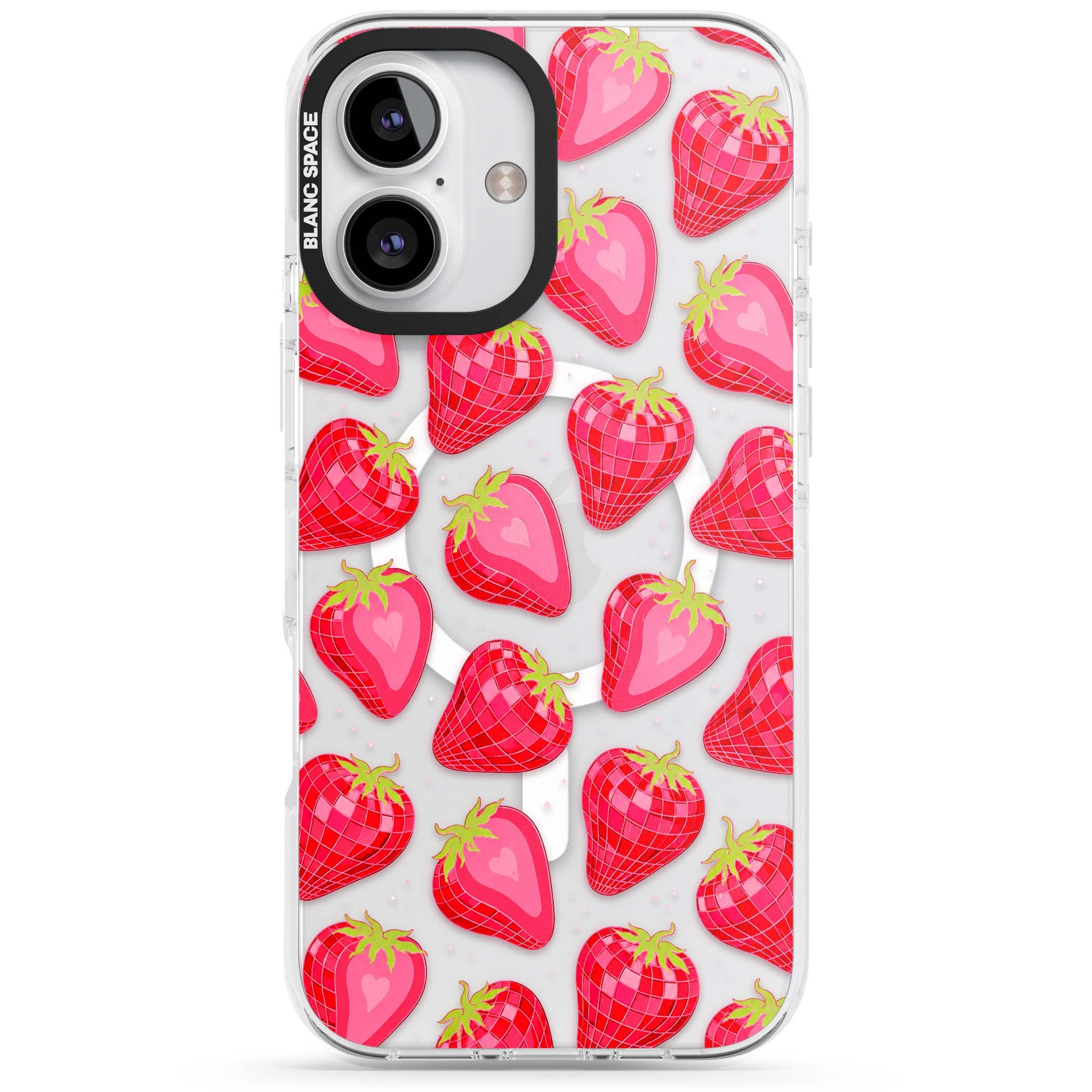 Disco Strawberry Y2K iPhone case featuring pink disco-ball strawberries, green leaves and tiny sparkles | Impact Magsafe case for iPhone 16, iPhone 16 Plus