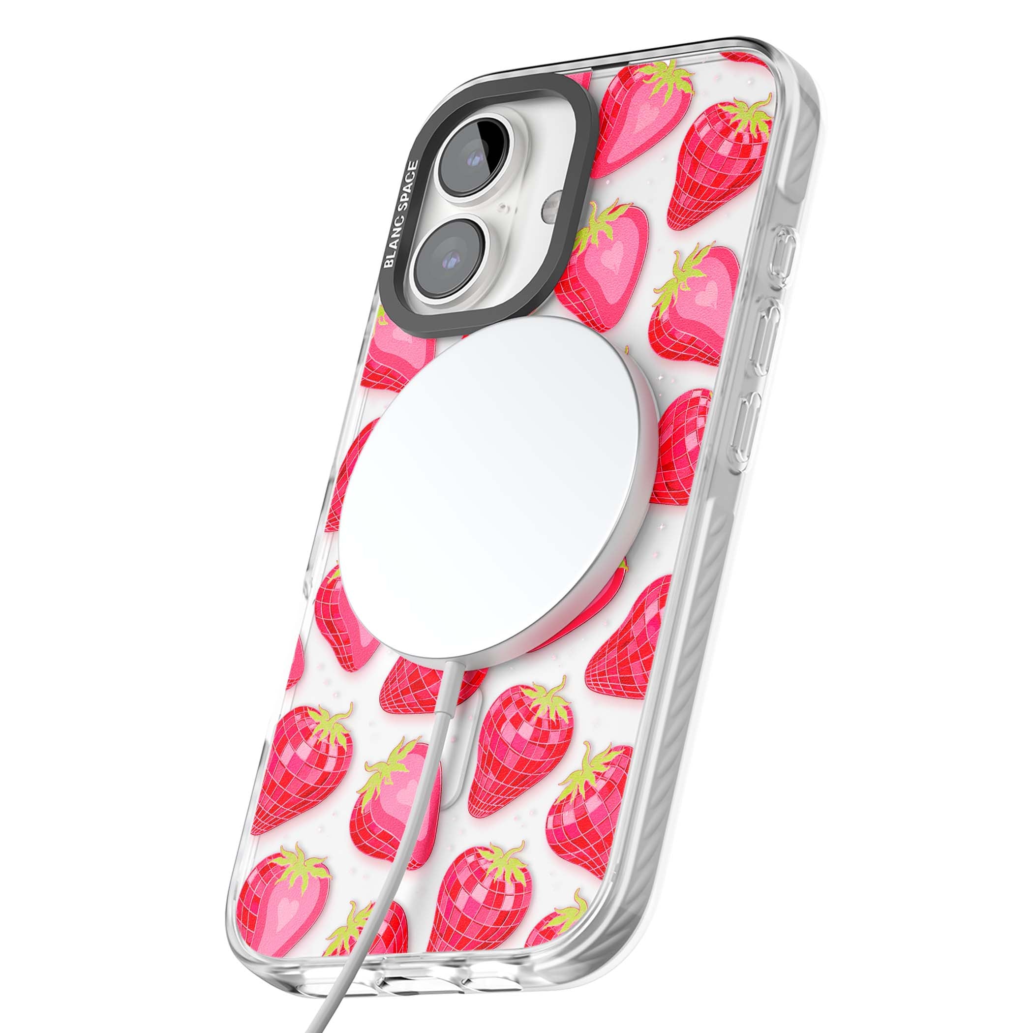 Disco Strawberry Y2K iPhone case featuring pink disco-ball strawberries, green leaves and tiny sparkles | Impact Magsafe case for iPhone 16, iPhone 16 Plus