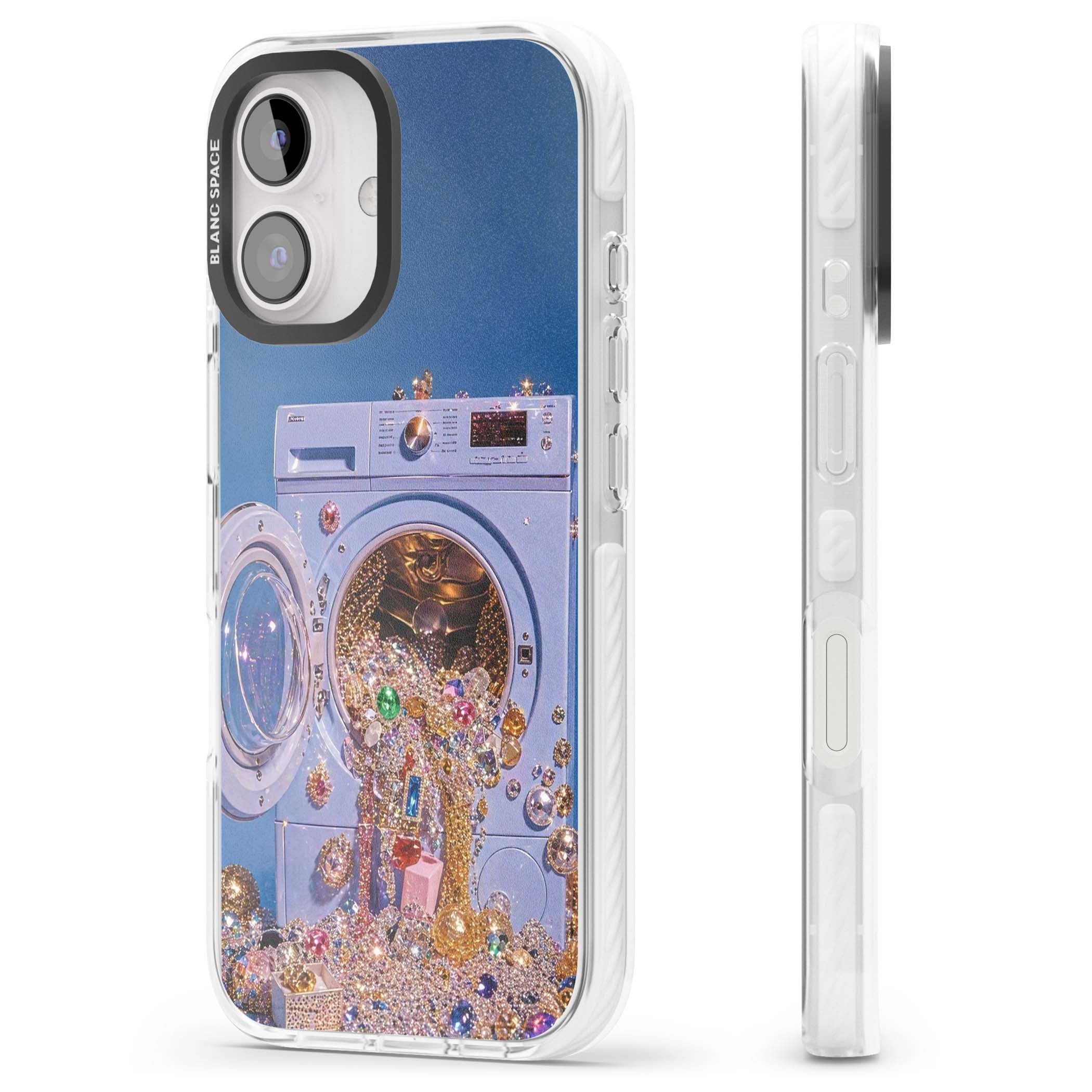 Gem Laundry baddie iPhone case featuring a surreal washing machine overflowing with colourful gemstones and crystals | Impact Magsafe case for iPhone 16, iPhone 16 Plus