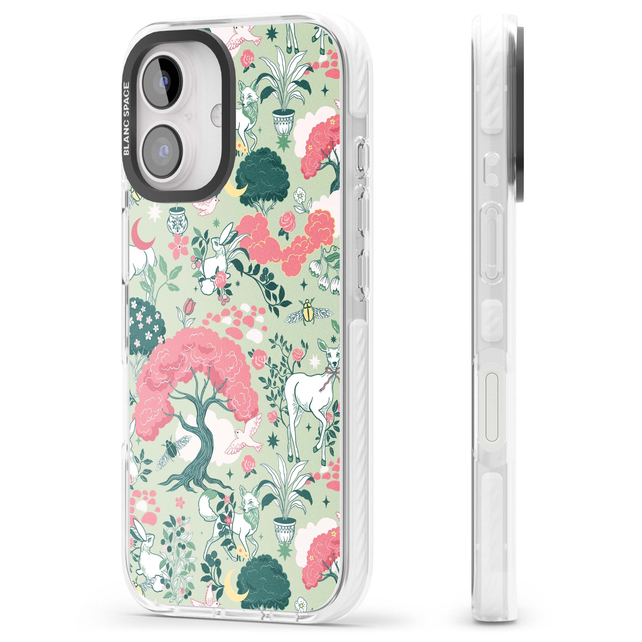Enchanted Woodland cottagecore iPhone case featuring white deer, pink roses, mushrooms and woodland animals on sage green | Impact Magsafe case for iPhone 16, iPhone 16 Plus