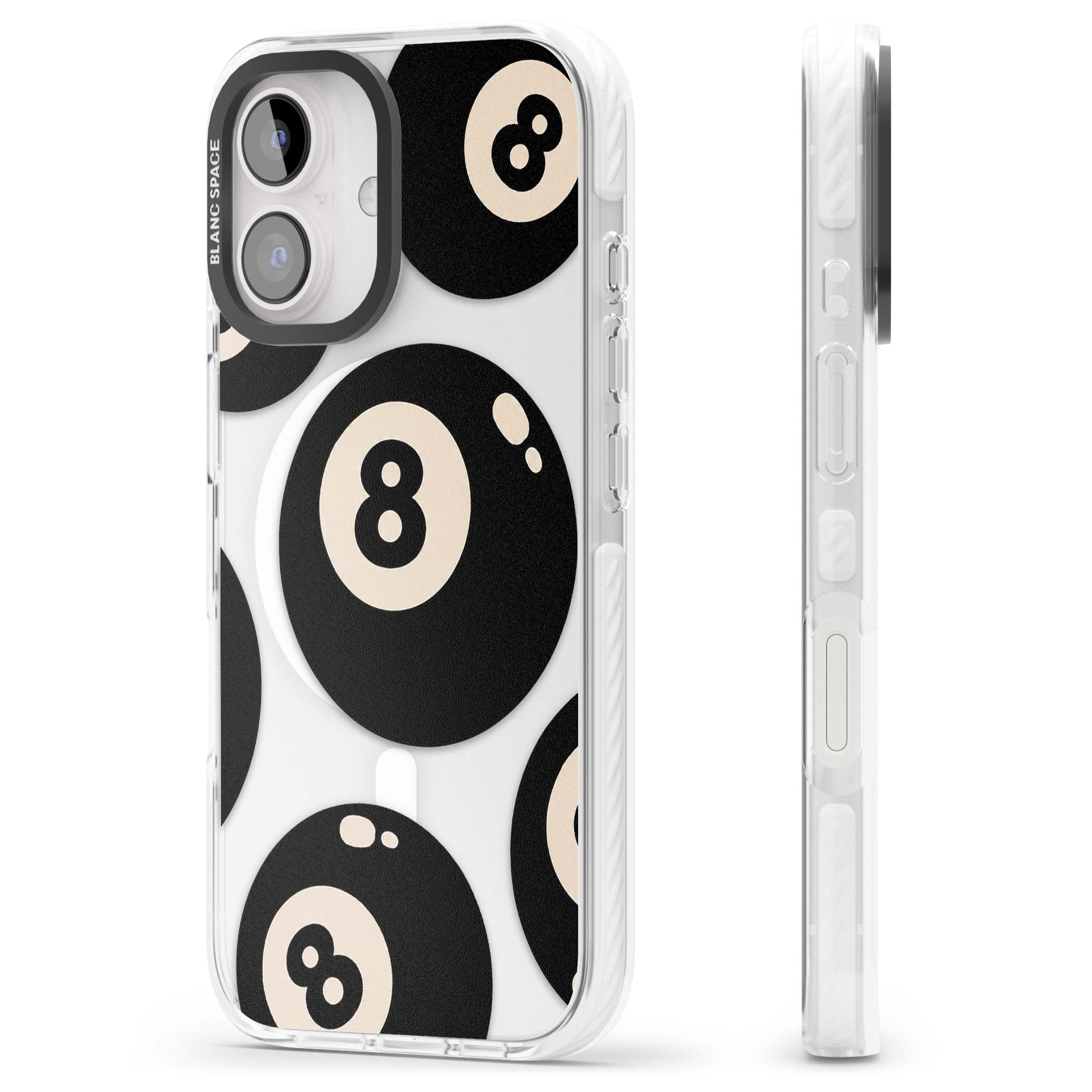 Eights y2k iPhone case featuring scattered black 8 balls with cream highlights on a clear background | Impact Magsafe case for iPhone 16, iPhone 16 Plus