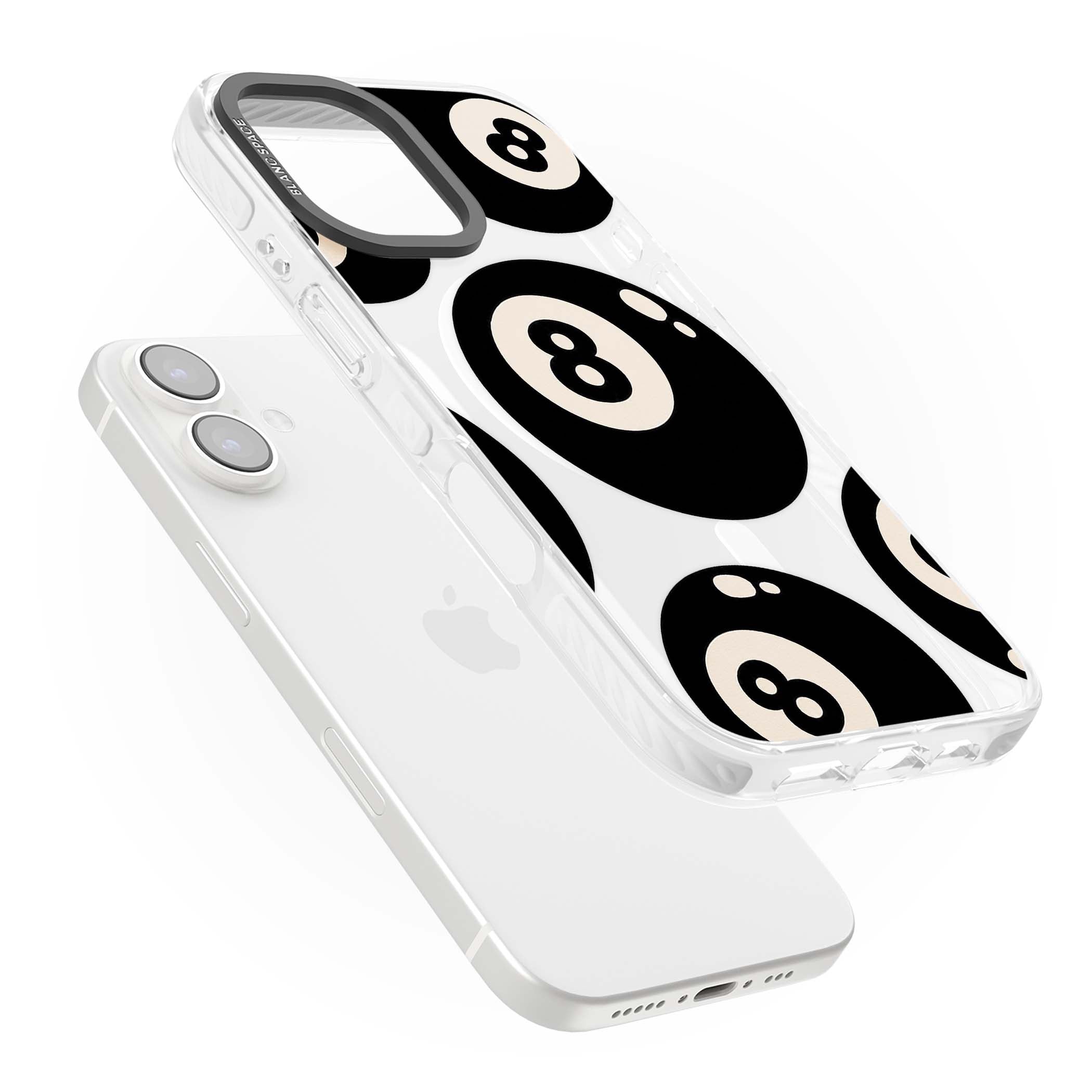 Eights y2k iPhone case featuring scattered black 8 balls with cream highlights on a clear background | Impact Magsafe case for iPhone 16, iPhone 16 Plus