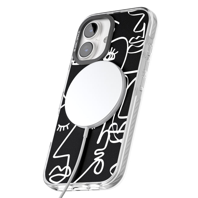 iPhone 16 Pro Max Abstract Continuous Line Faces White on Black Black Impact Phone Case