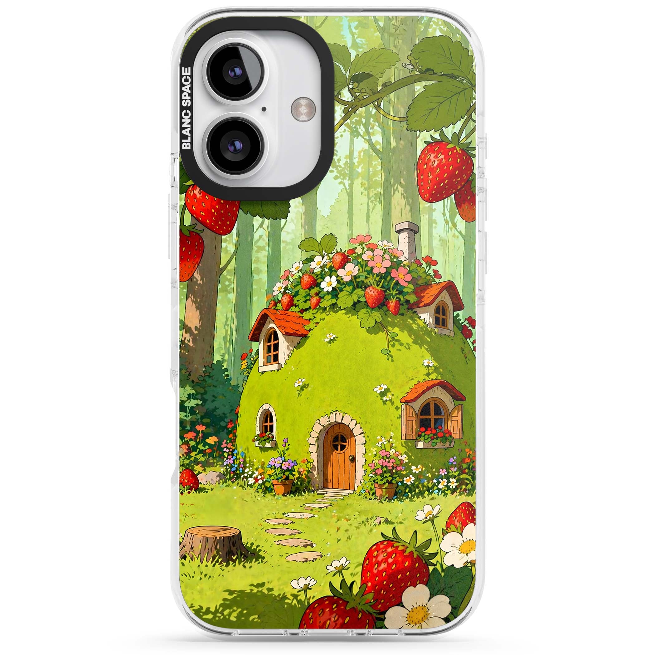 Strawberry Cottage cottagecore iPhone case featuring a green fairy house, wild strawberries and enchanted forest flowers | Impact Magsafe case for iPhone 16, iPhone 16 Plus