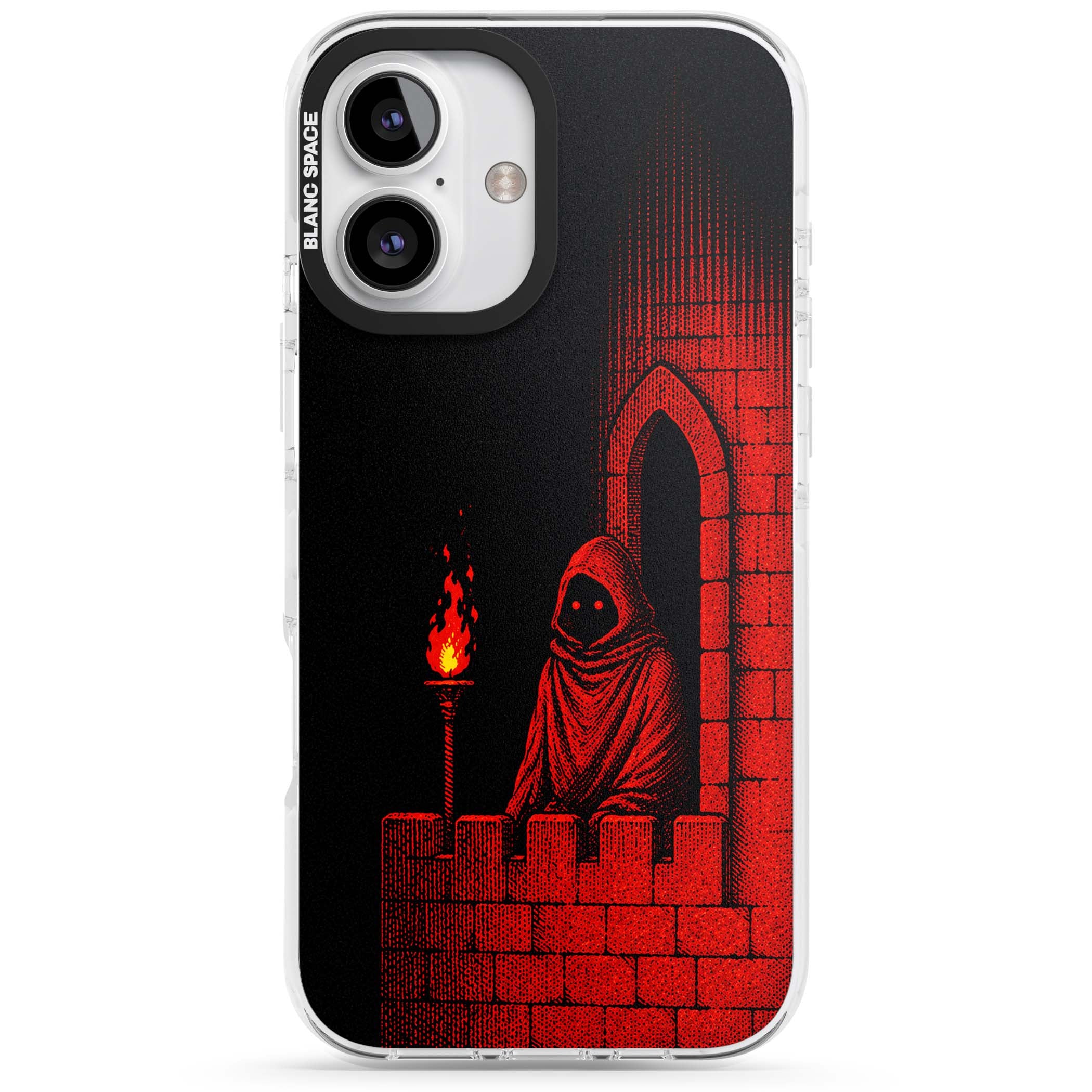 Crimson Crypt gothic iPhone case featuring a hooded reaper, torchlit crypt archway and red halftone horror art | Impact Magsafe case for iPhone 16, iPhone 16 Plus