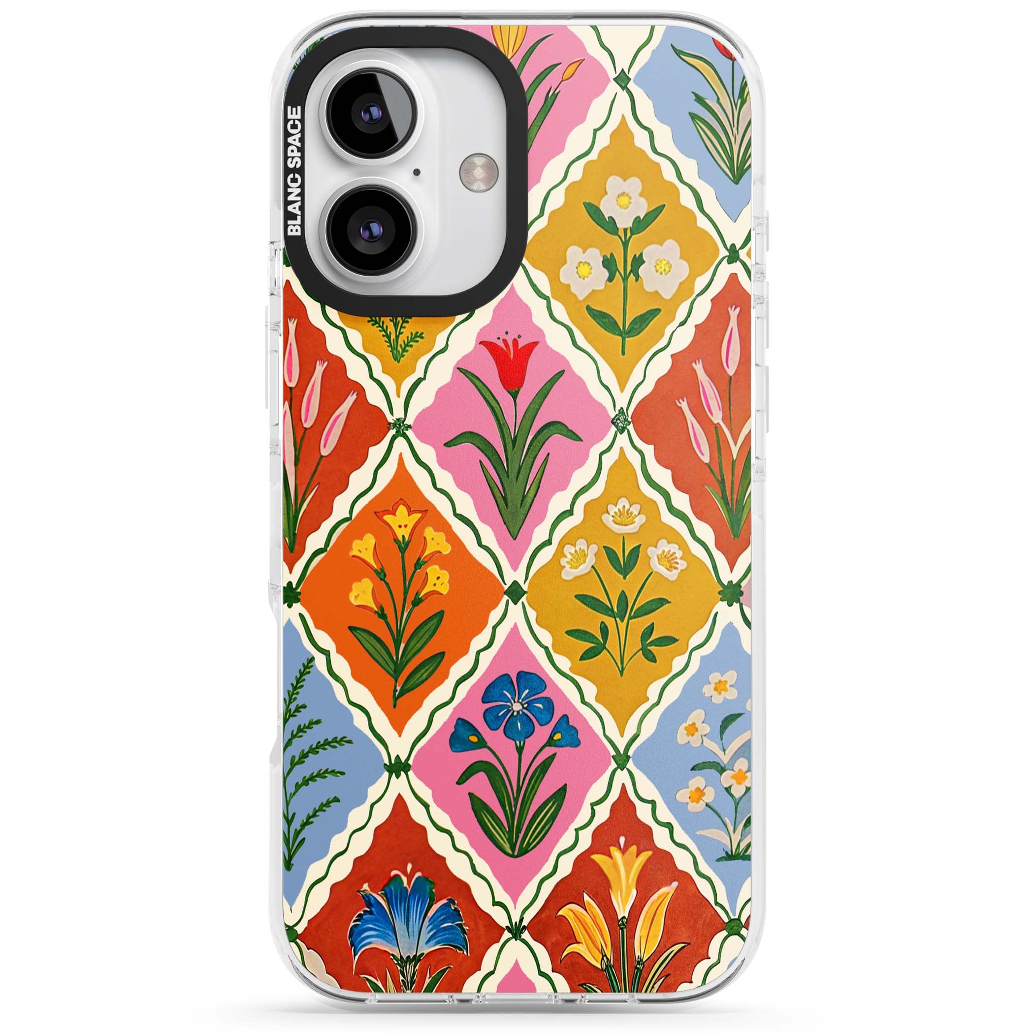Floral Quilt boho floral iPhone case featuring diamond lattice pattern, hand-painted tulips and folk art wildflowers | Impact Magsafe case for iPhone 16, iPhone 16 Plus