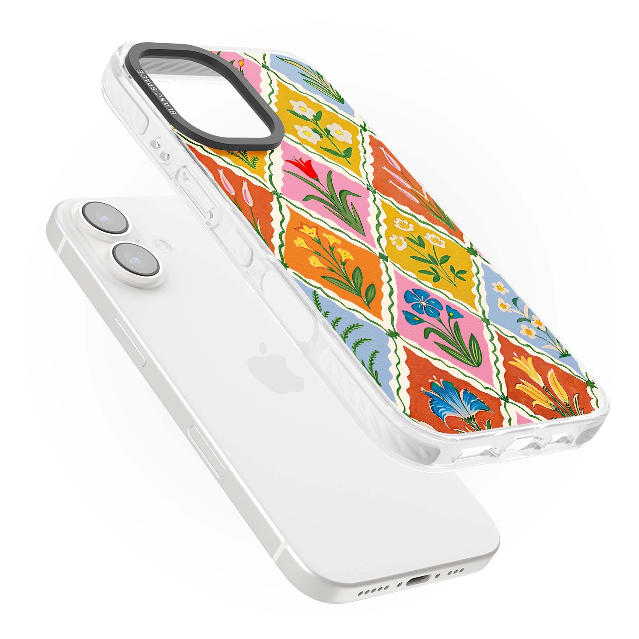 Floral Quilt boho floral iPhone case featuring diamond lattice pattern, hand-painted tulips and folk art wildflowers | Impact Magsafe case for iPhone 16, iPhone 16 Plus