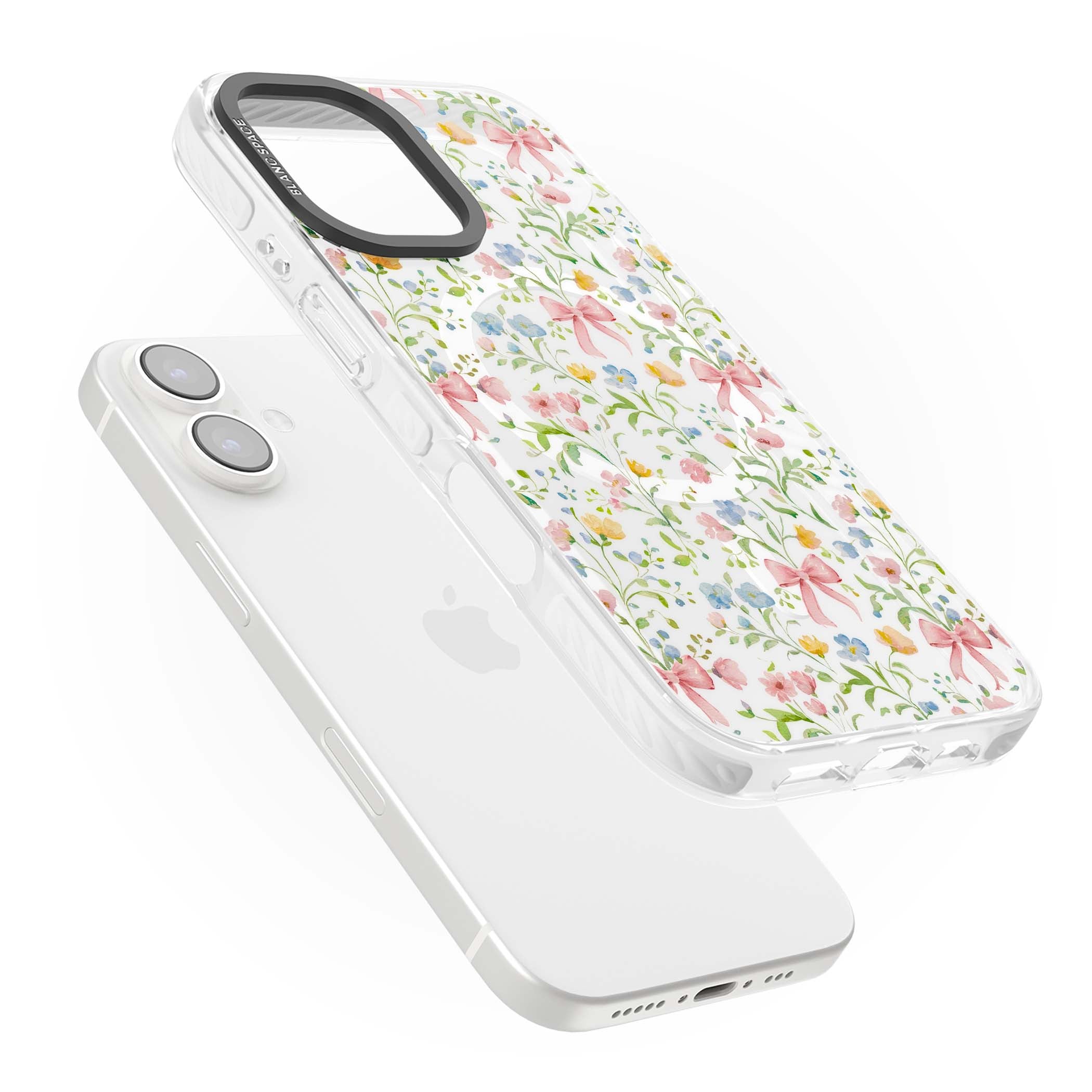 Ribbons & Wildflowers cottagecore iPhone case featuring watercolor wildflowers, pink satin bows, and delicate spring blooms o | Impact Magsafe case for iPhone 16, iPhone 16 Plus