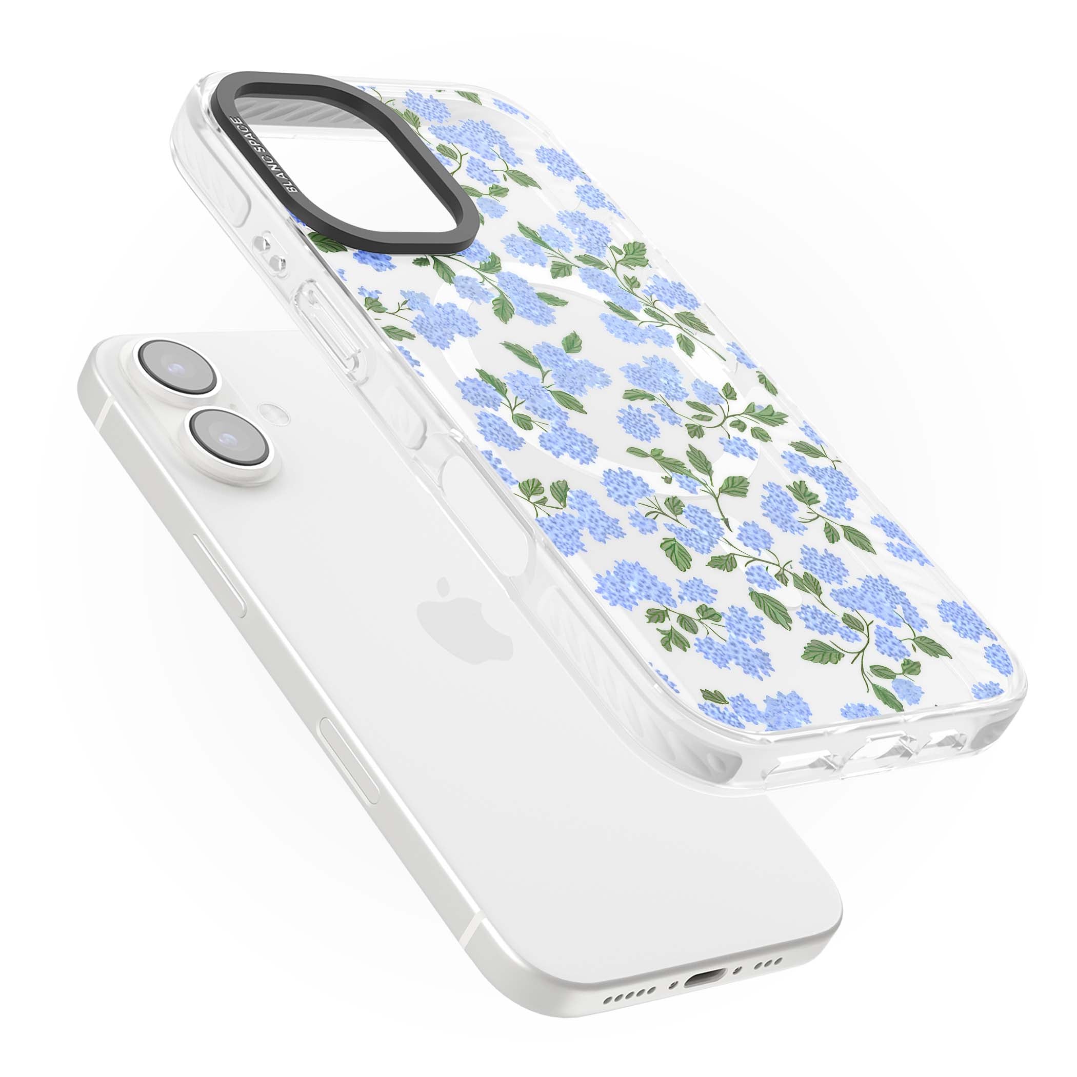 Hydrangea Dreams cottagecore iPhone case featuring soft blue hydrangea flower clusters and green leaves | Impact Magsafe case for iPhone 16, iPhone 16 Plus