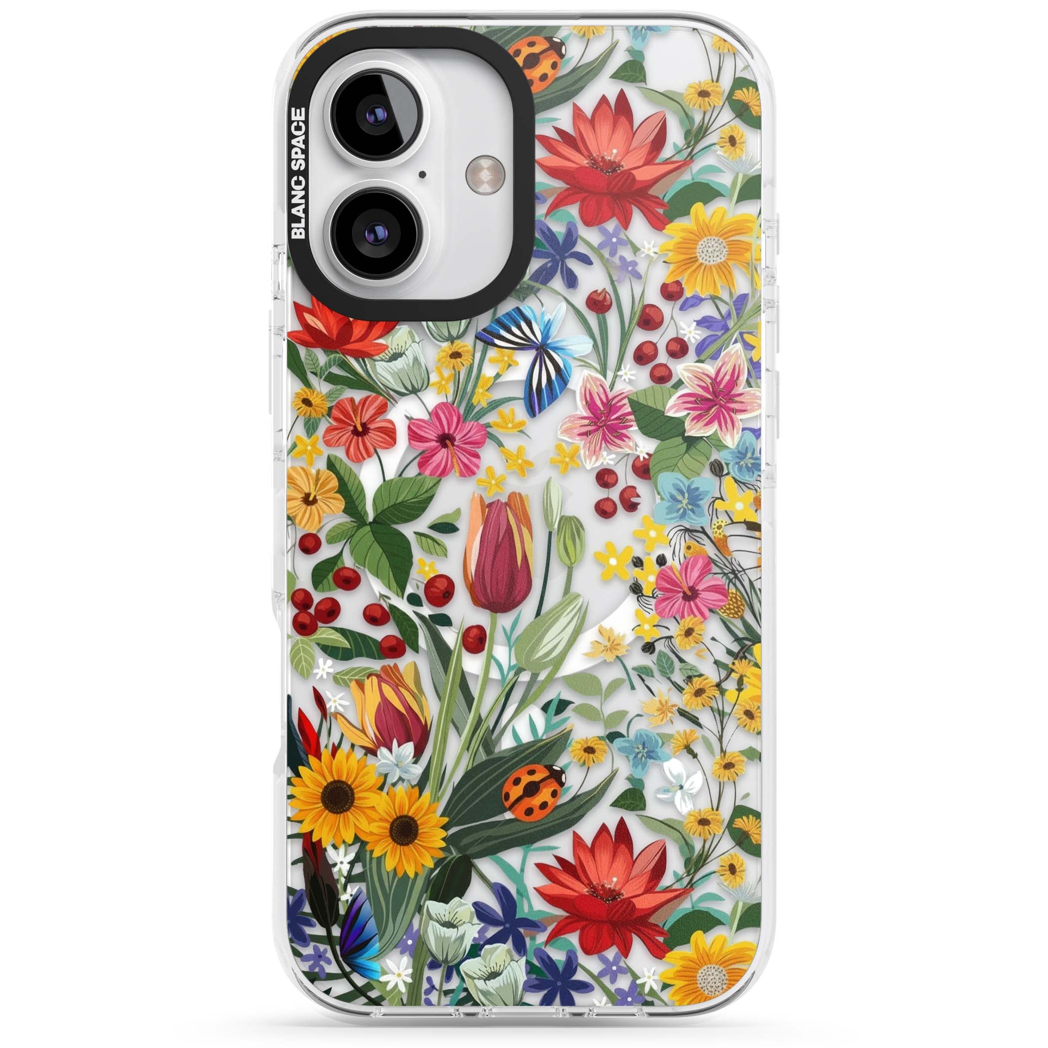 Botanical Bloom cottagecore iPhone case featuring colorful wildflowers, sunflowers, and ladybugs on clear background | Impact Magsafe case for iPhone 16, iPhone 16 Plus