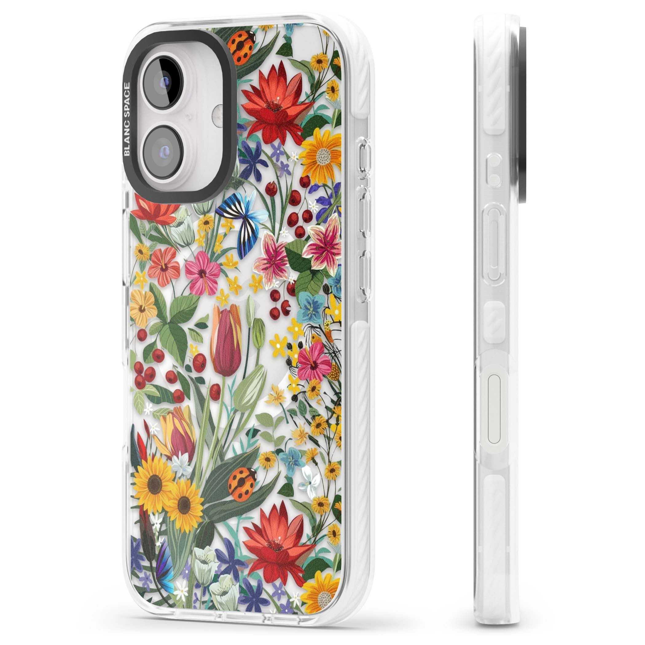 Botanical Bloom cottagecore iPhone case featuring colorful wildflowers, sunflowers, and ladybugs on clear background | Impact Magsafe case for iPhone 16, iPhone 16 Plus