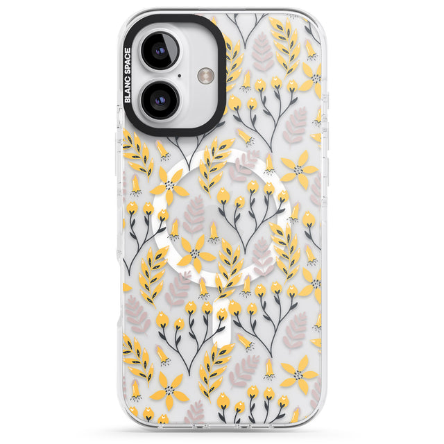 iPhone 16 Pro Max Yellow Leaves Transparent Floral Black Impact Phone Case