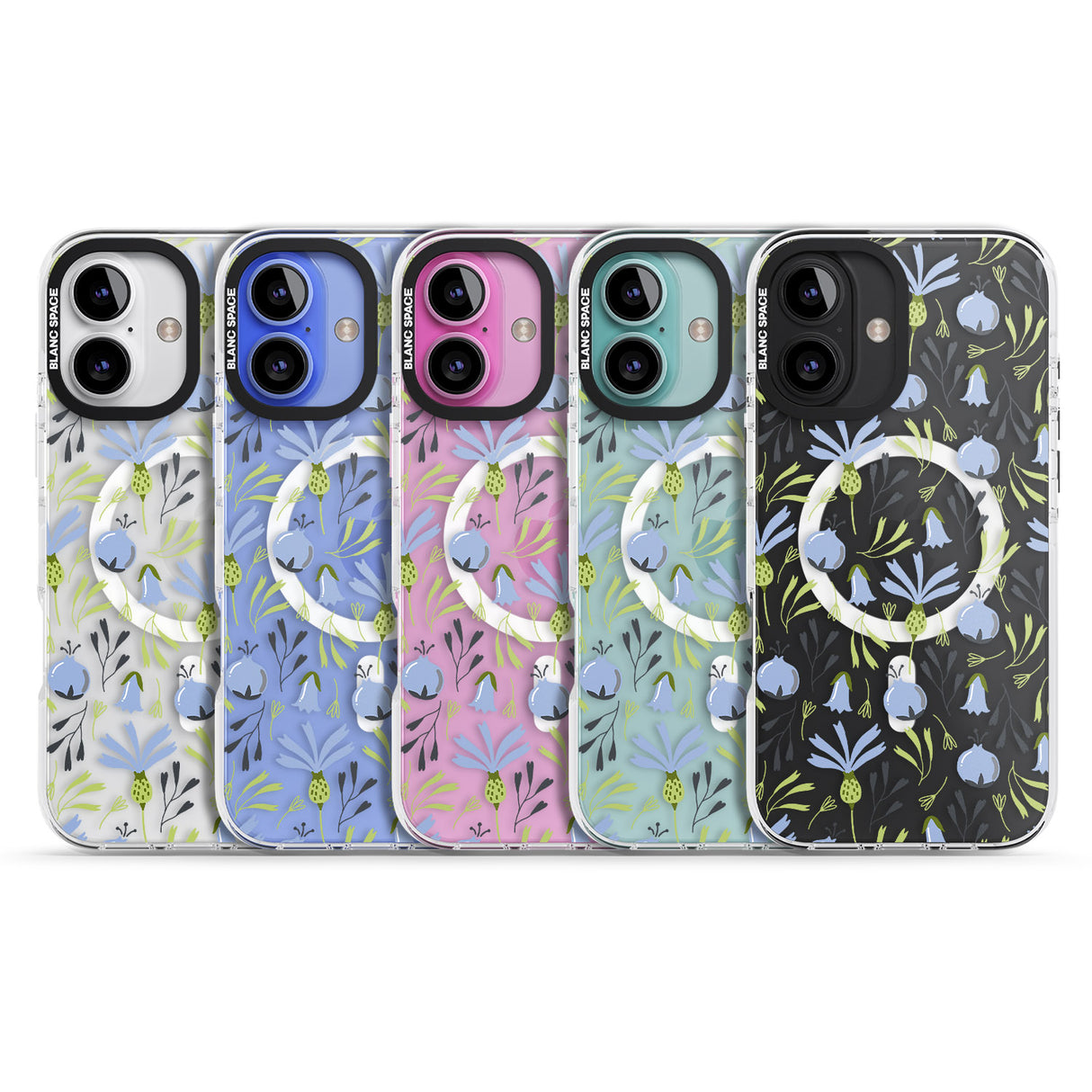 iPhone 16 Pro Max Blue Flora Transparent Floral Black Impact Phone Case