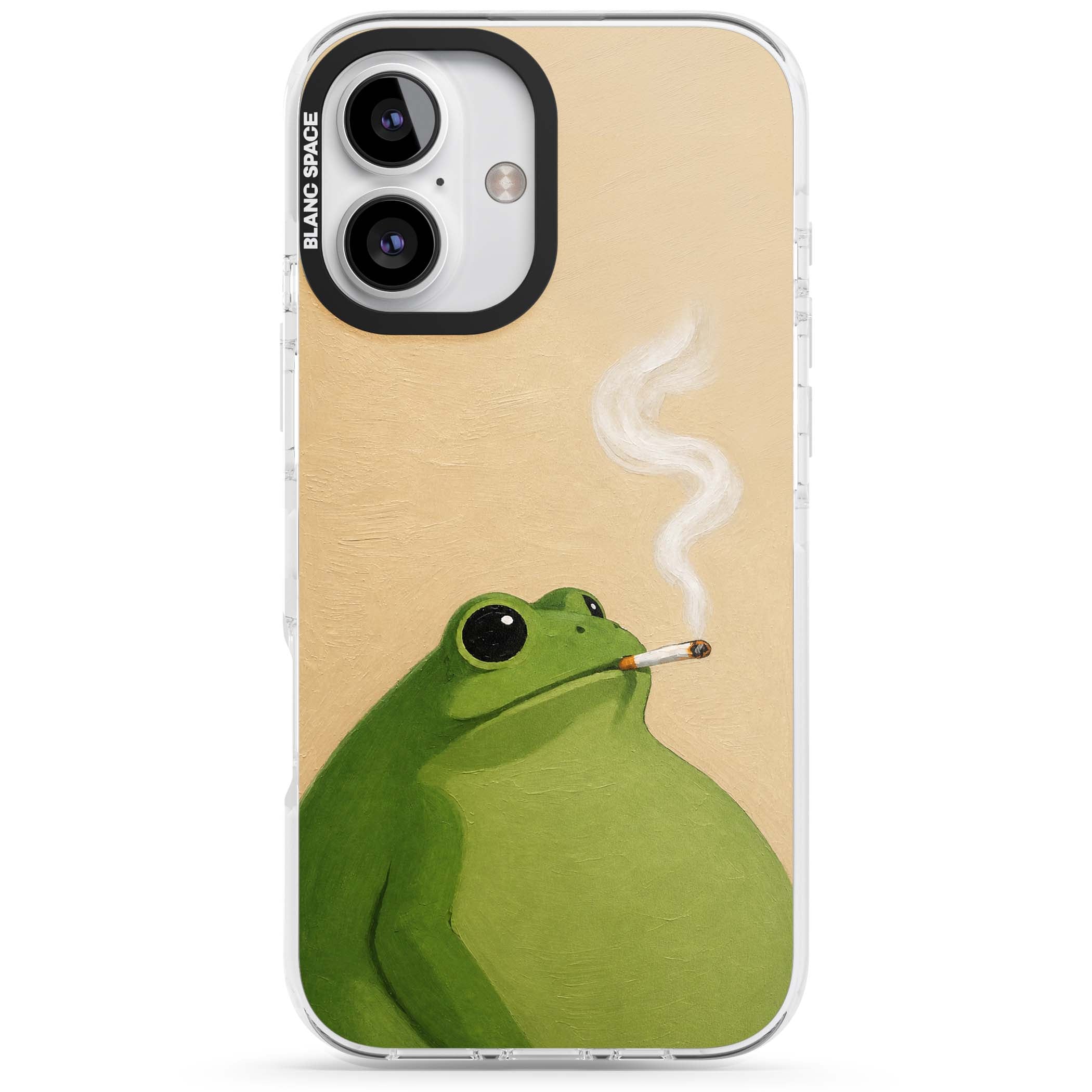The Smoking Frog cottagecore iPhone case featuring a hand-painted green frog smoking a cigarette on a cream oil painting back | Impact Magsafe case for iPhone 16, iPhone 16 Plus
