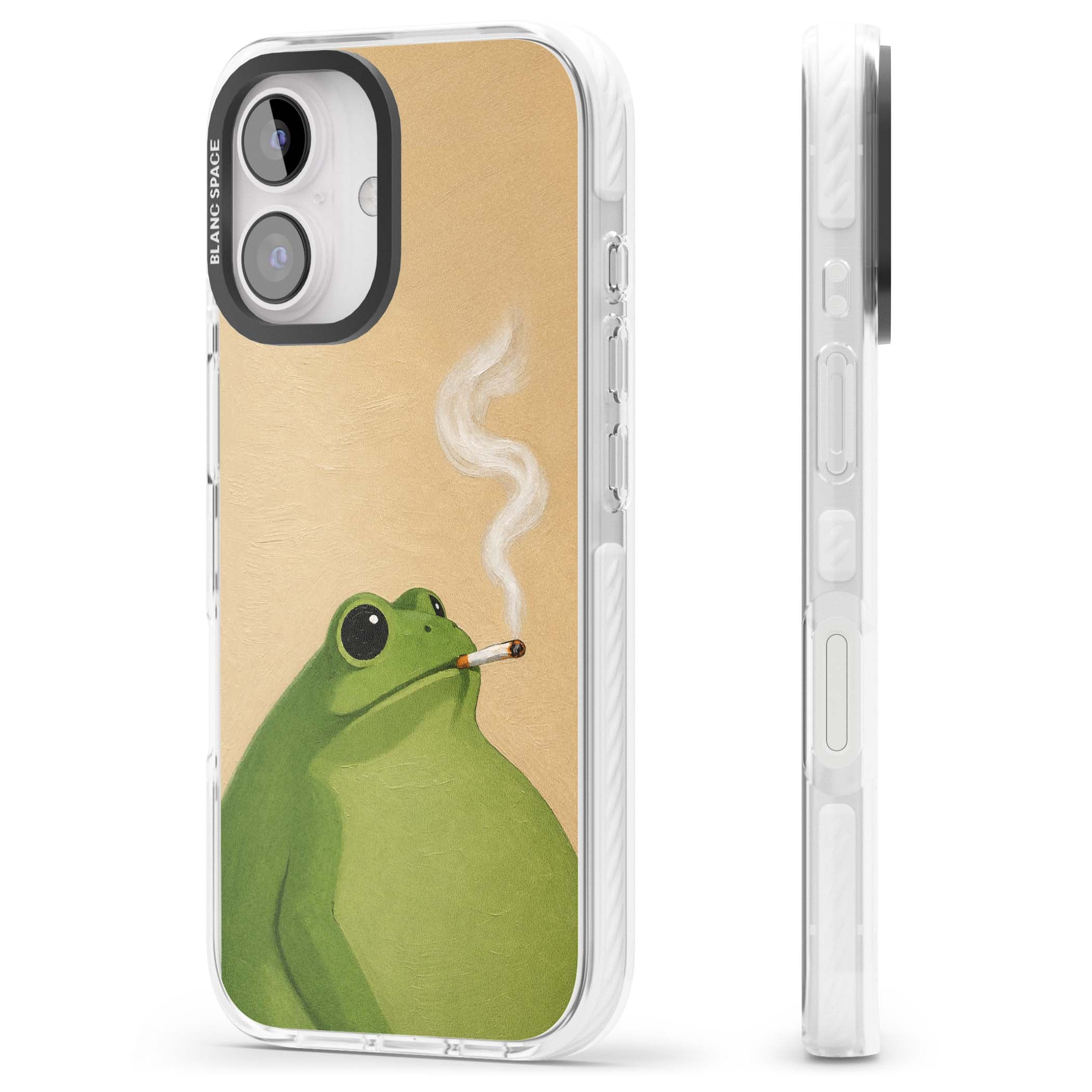 The Smoking Frog cottagecore iPhone case featuring a hand-painted green frog smoking a cigarette on a cream oil painting back | Impact Magsafe case for iPhone 16, iPhone 16 Plus