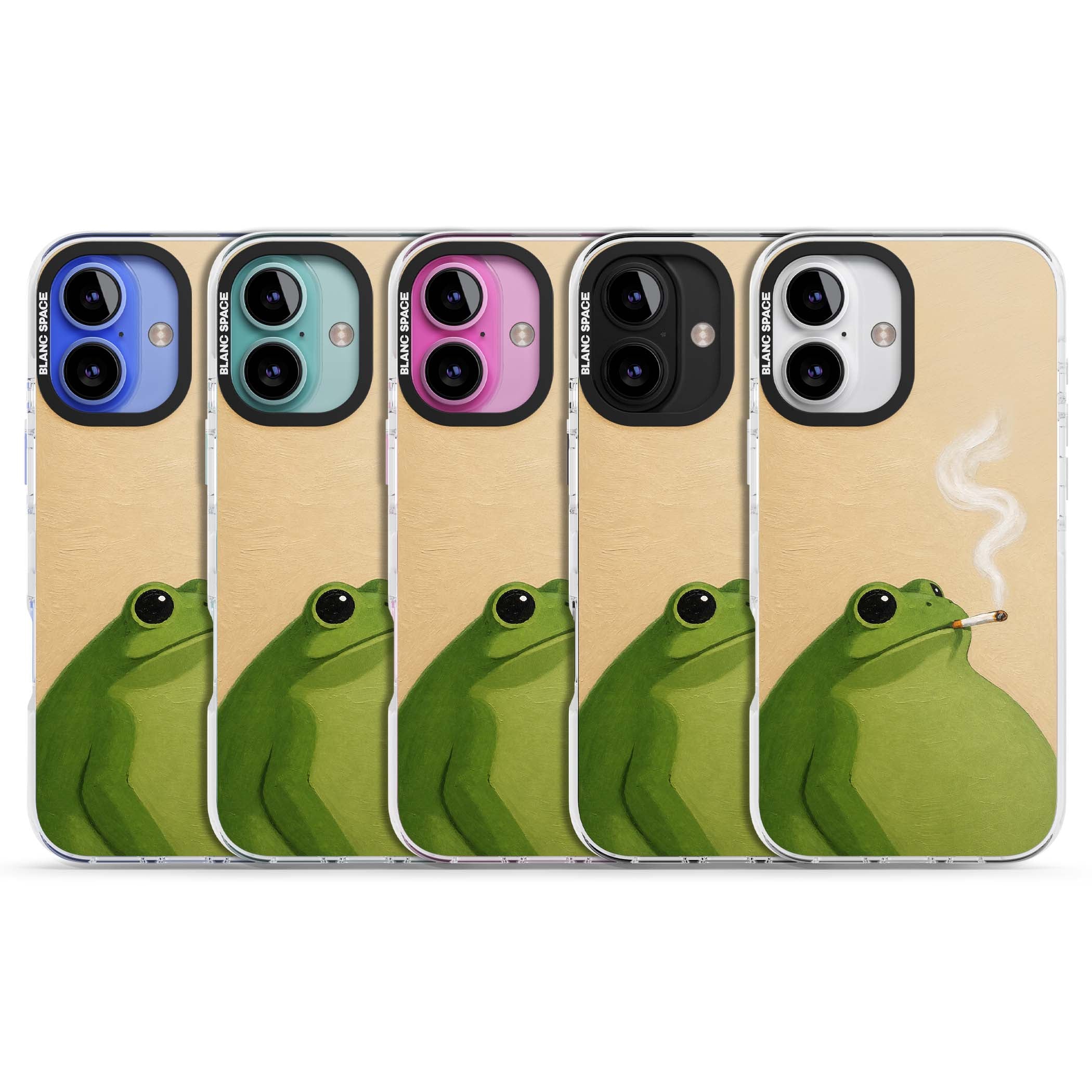 The Smoking Frog cottagecore iPhone case featuring a hand-painted green frog smoking a cigarette on a cream oil painting back | Impact Magsafe case for iPhone 16, iPhone 16 Plus