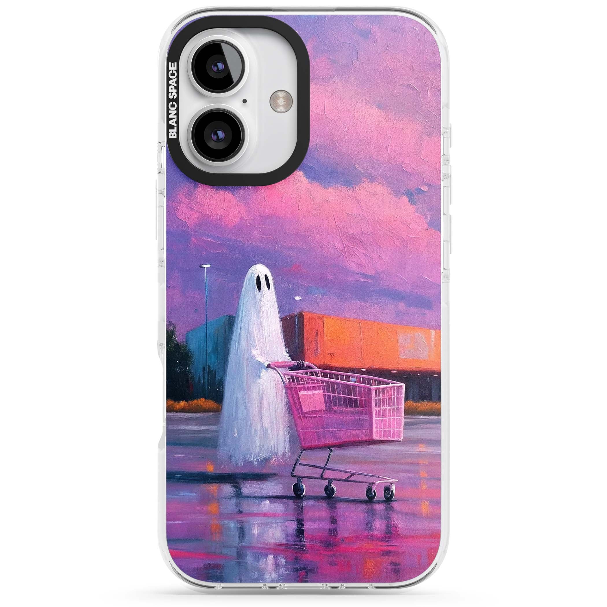A Ghost's Errand ghost halloween iPhone case featuring a painted ghost, pink shopping trolley and purple sunset sky | Impact Magsafe case for iPhone 16, iPhone 16 Plus