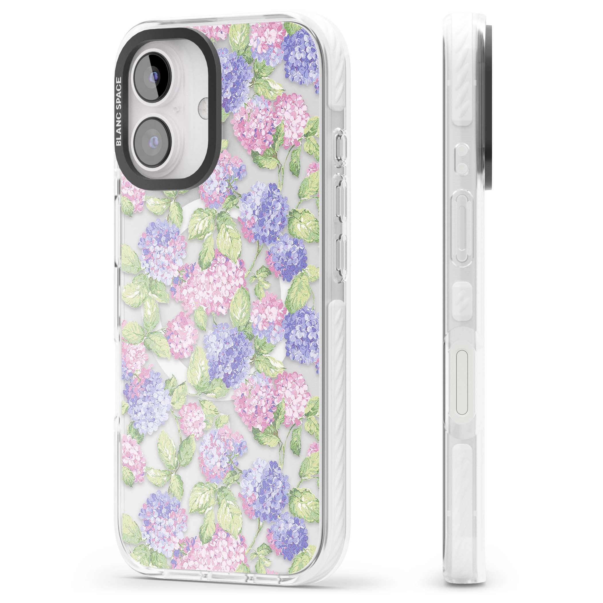 Cottage Hydrangea cottagecore iPhone case featuring pink and purple hydrangea blooms with green leaves on a clear background | Impact Magsafe case for iPhone 16, iPhone 16 Plus