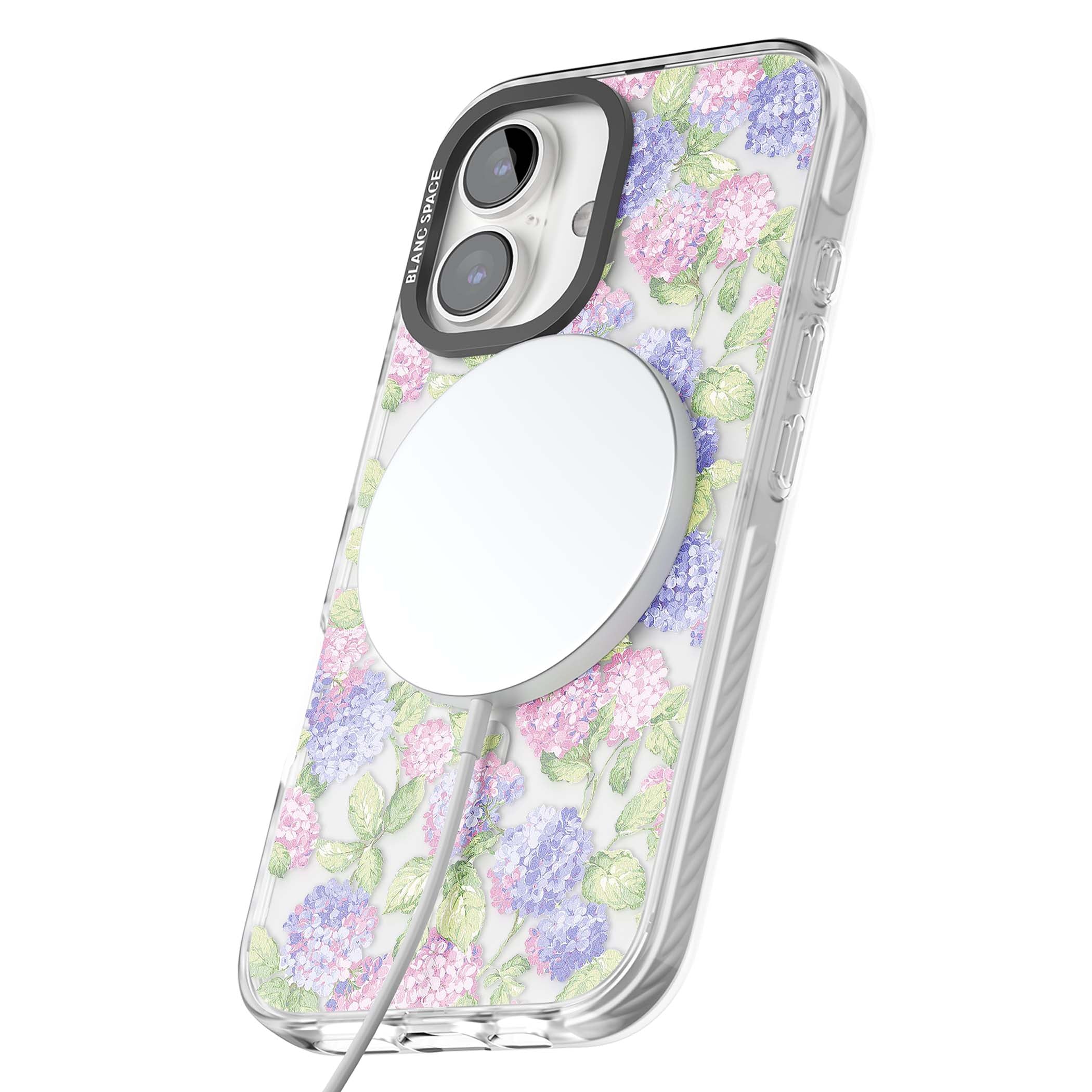 Cottage Hydrangea cottagecore iPhone case featuring pink and purple hydrangea blooms with green leaves on a clear background | Impact Magsafe case for iPhone 16, iPhone 16 Plus