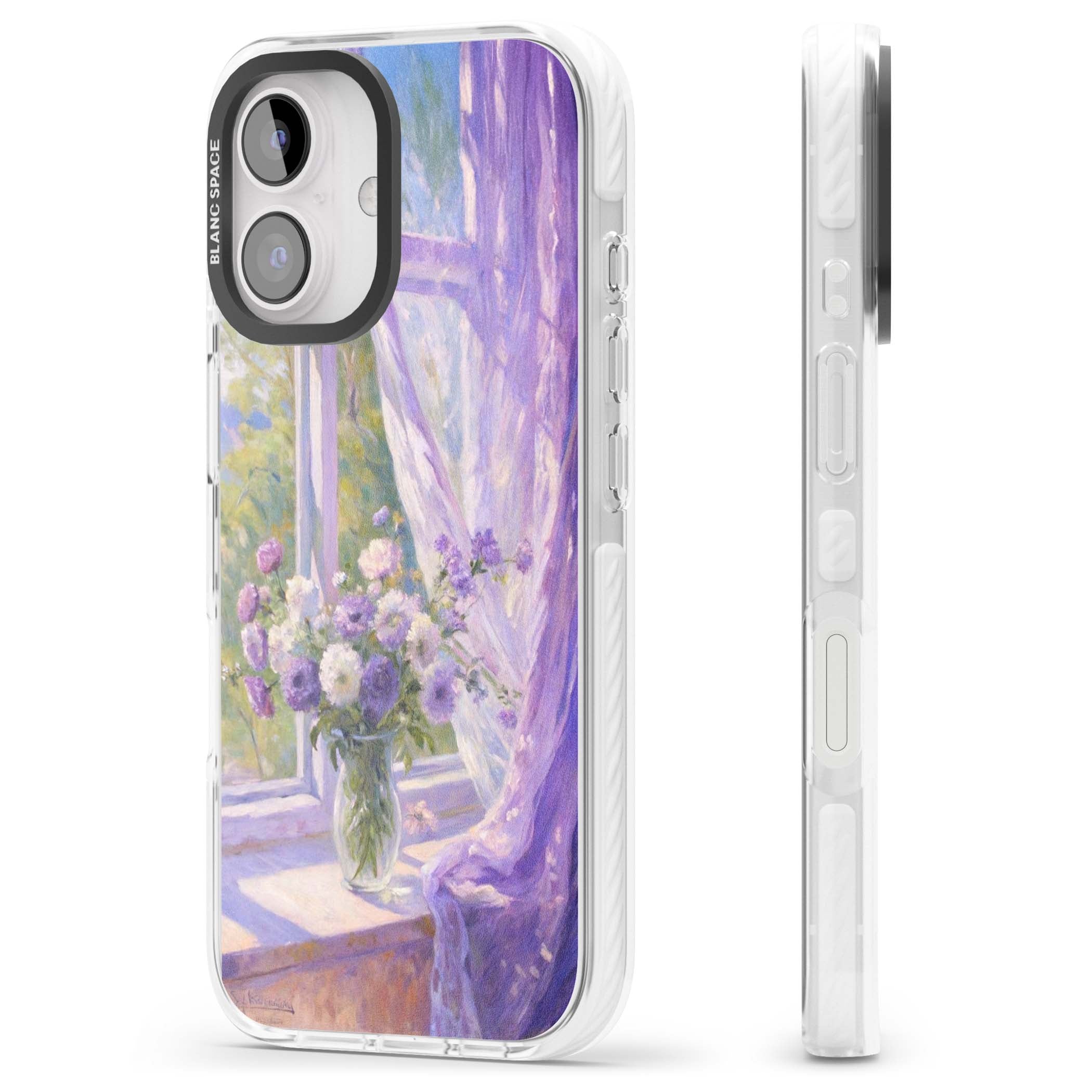 A Provence Morning impressionist art iPhone case featuring a vase of purple flowers, sunlit window and sheer curt | Impact Magsafe case for iPhone 16, iPhone 16 Plus
