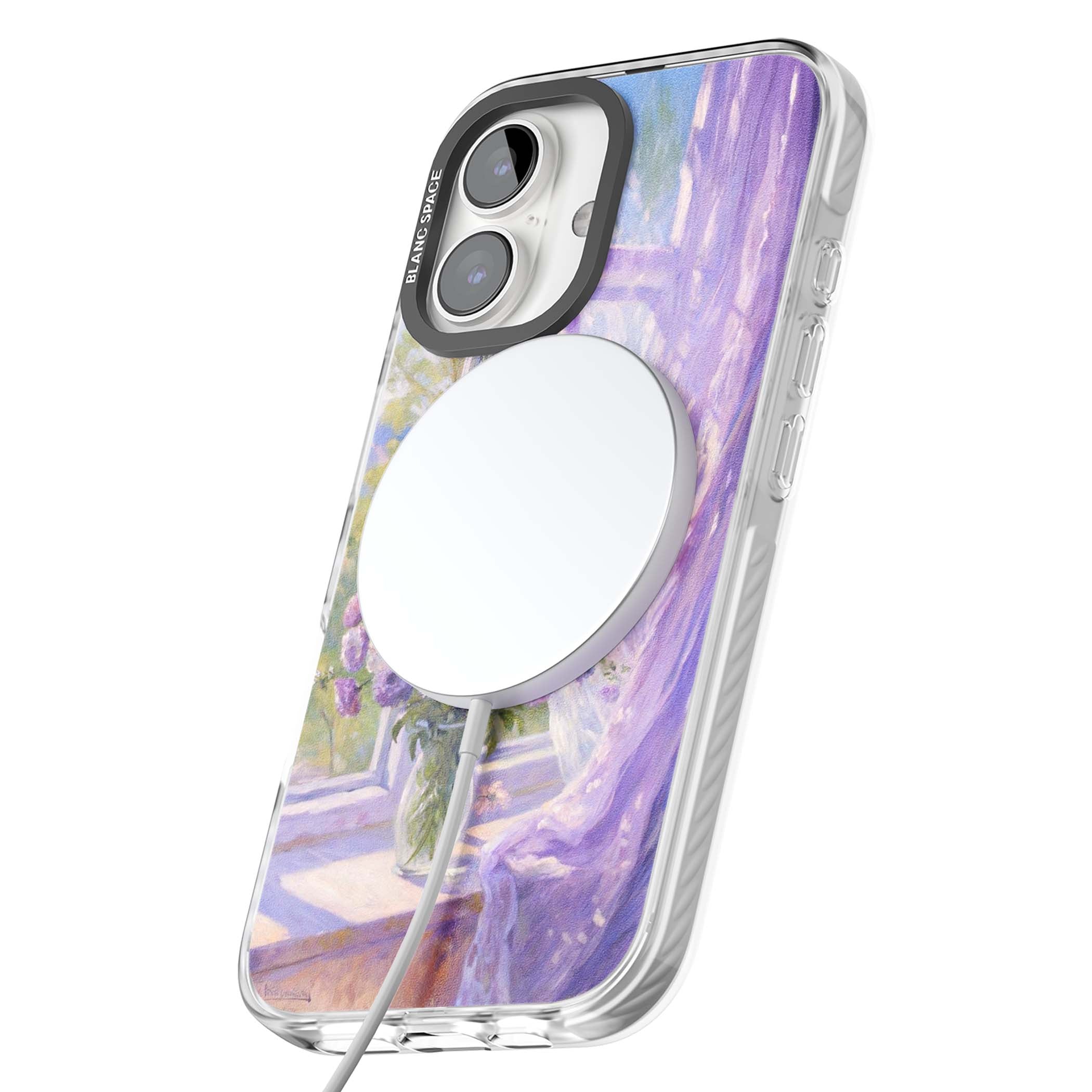 A Provence Morning impressionist art iPhone case featuring a vase of purple flowers, sunlit window and sheer curt | Impact Magsafe case for iPhone 16, iPhone 16 Plus