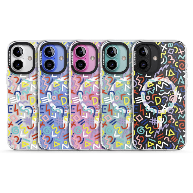 iPhone 16 Pro Max Colourful Mixed Shapes Retro Pattern Design Black Impact Phone Case