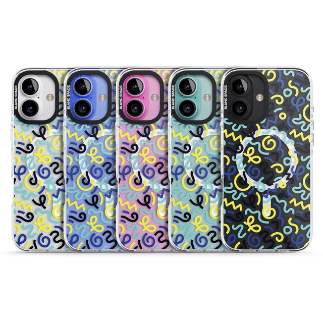 iPhone 16 Pro Max Blue & Yellow Shapes Memphis Retro Pattern Design Black Impact Phone Case