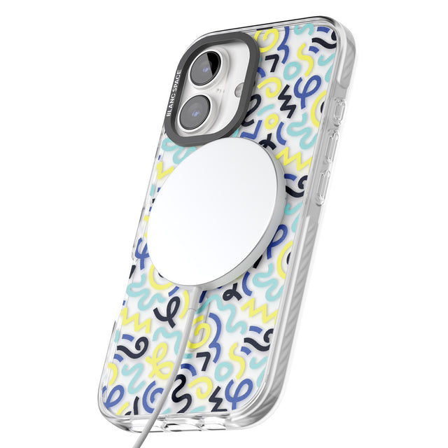 iPhone 16 Pro Max Blue & Yellow Shapes Memphis Retro Pattern Design Black Impact Phone Case