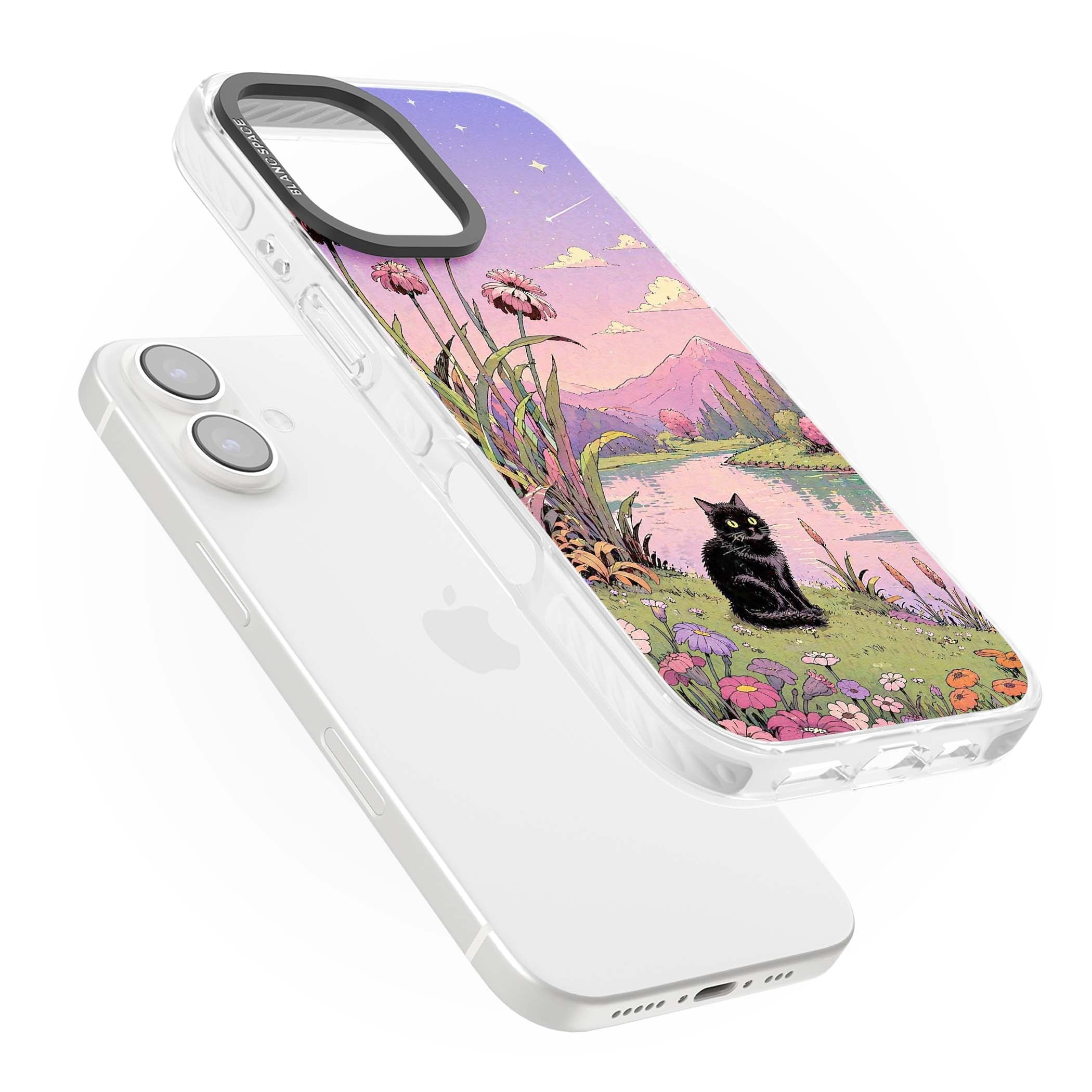 Mystic Whiskers ghibli iPhone case featuring a black cat by a pastel lake, wildflowers and a starry sunset sky | Impact Magsafe case for iPhone 16, iPhone 16 Plus