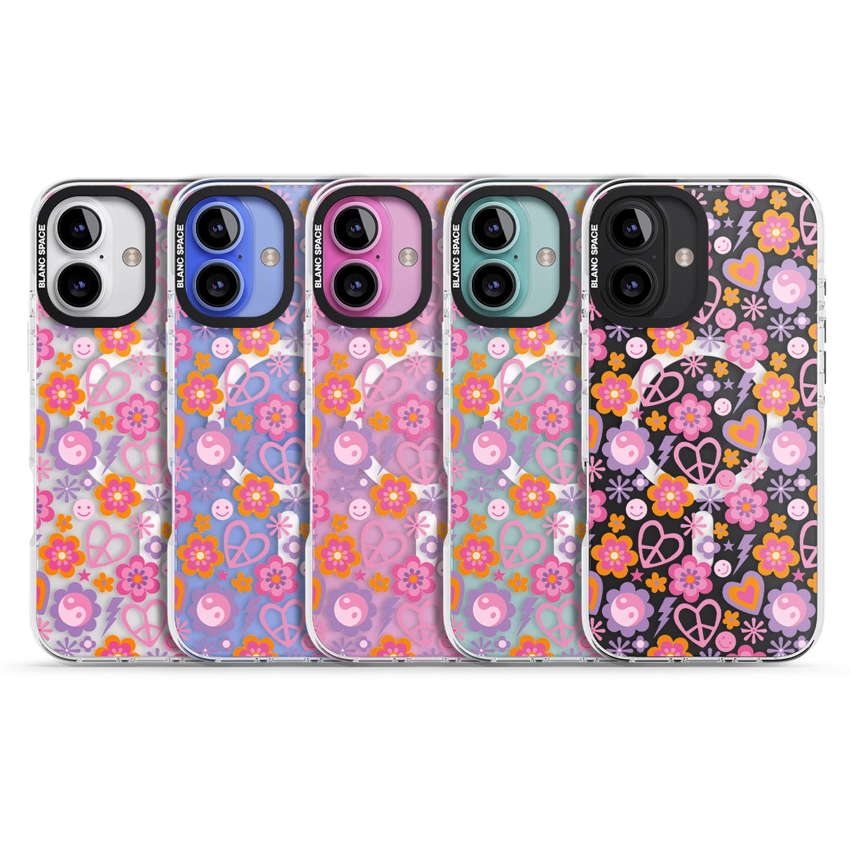 iPhone 16 Pro Max Peace, Love and Flowers Pattern Black Impact Phone Case