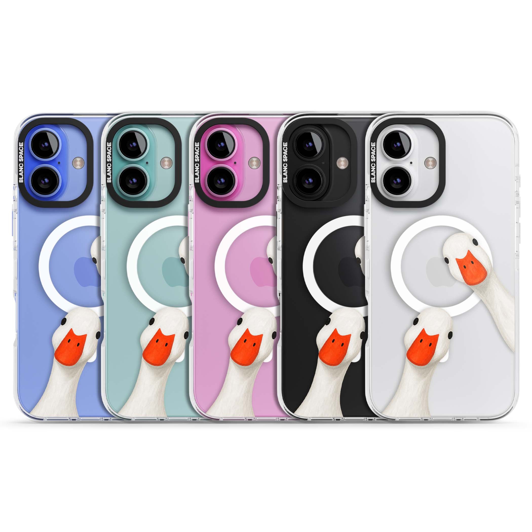 Nosy Ducks cottagecore iPhone case featuring two peeking white ducks with orange beaks on a clear background | Impact Magsafe case for iPhone 16, iPhone 16 Plus